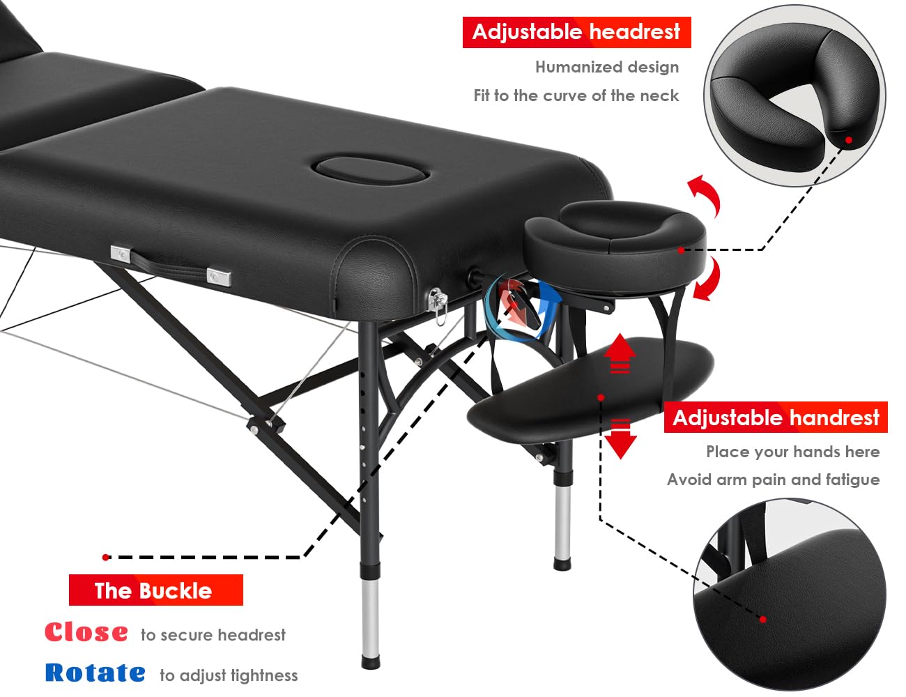 CLORIS 84" Professional Massage Table Portable 3 Folding Lightweight Facial Salon Spa Tattoo Bed Height Adjustable with Carrying Bag & Aluminium Leg Hold Up to 1100LBS