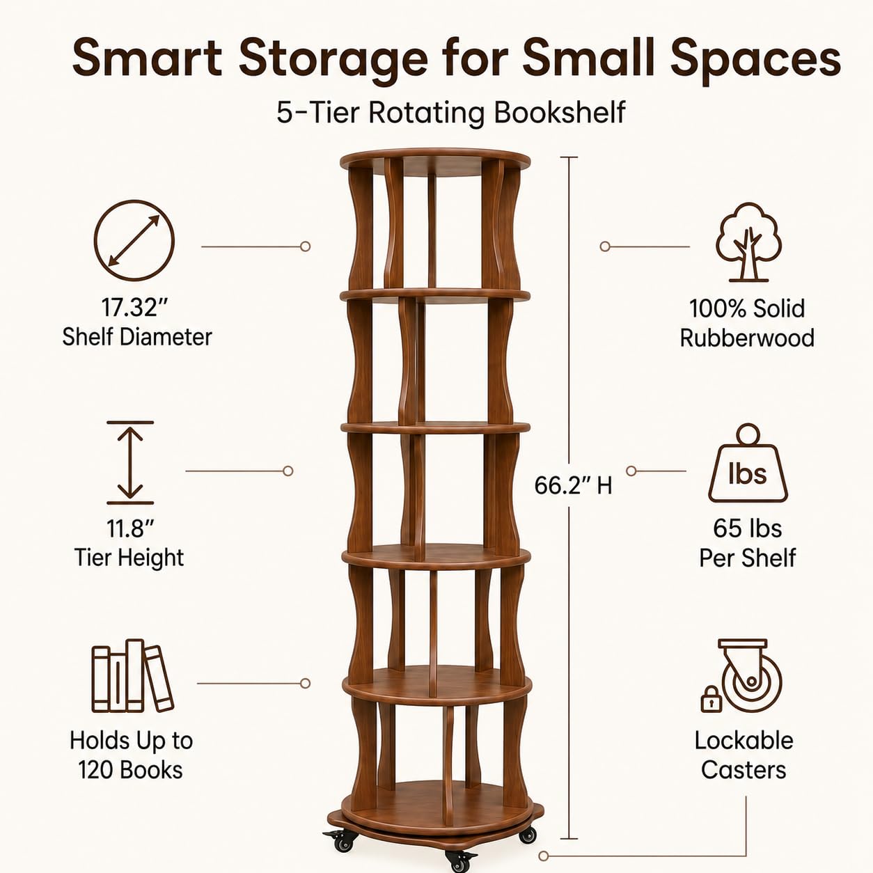 5 Tier Solid Wood Rotating Bookshelf with Wheels, Round Revolving Bookcase Organizer, 360° Spinning Storage Shelf for Corner, Small Narrow Spaces, Home, Office, BedRoom,Living Room,Study Room