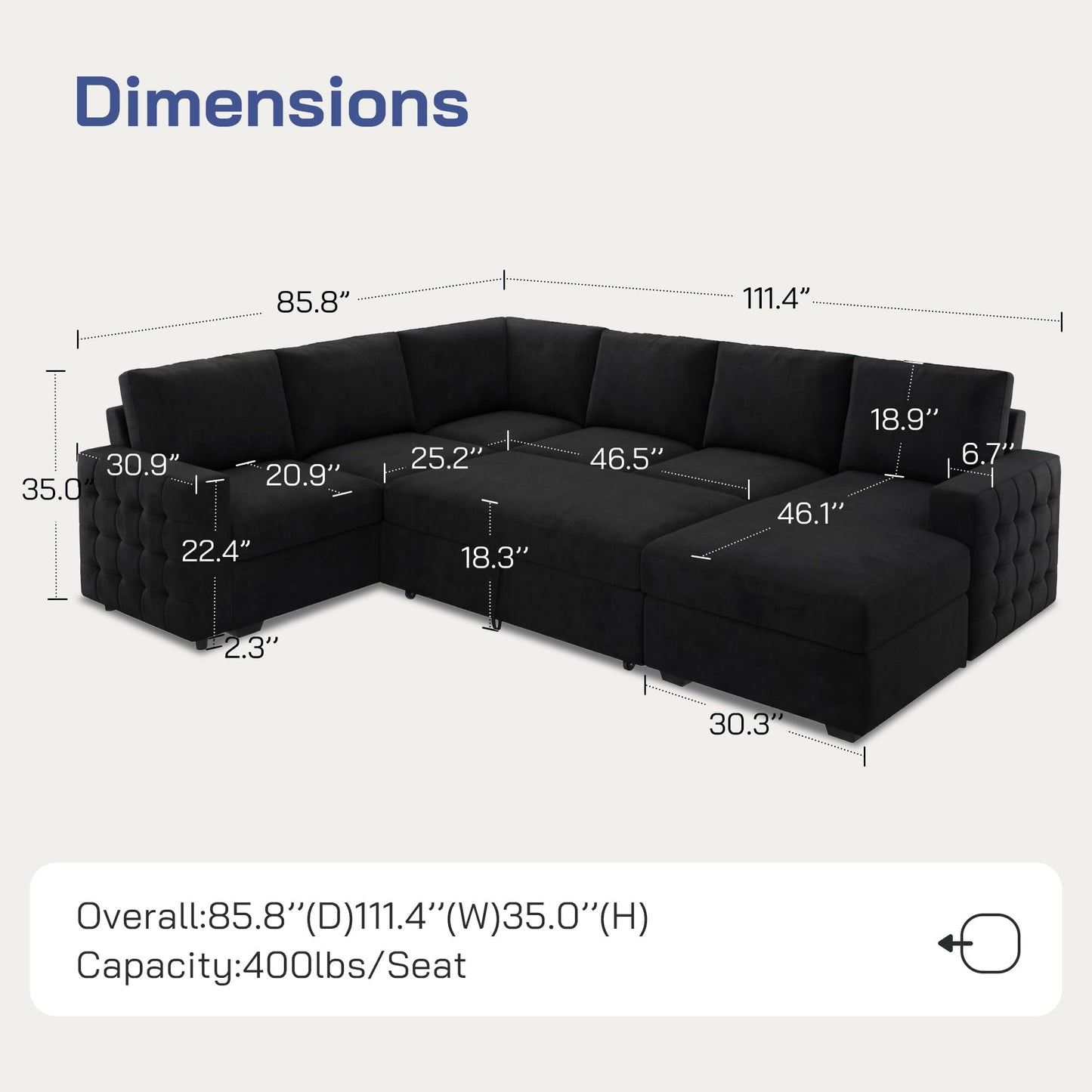 Leathaire 111 Inch Sectional Sleeper Sofa with Pull Out Bed, U Shaped 6 Seat Modular Sectional Couch with Storage for Living Room, Velvet Black