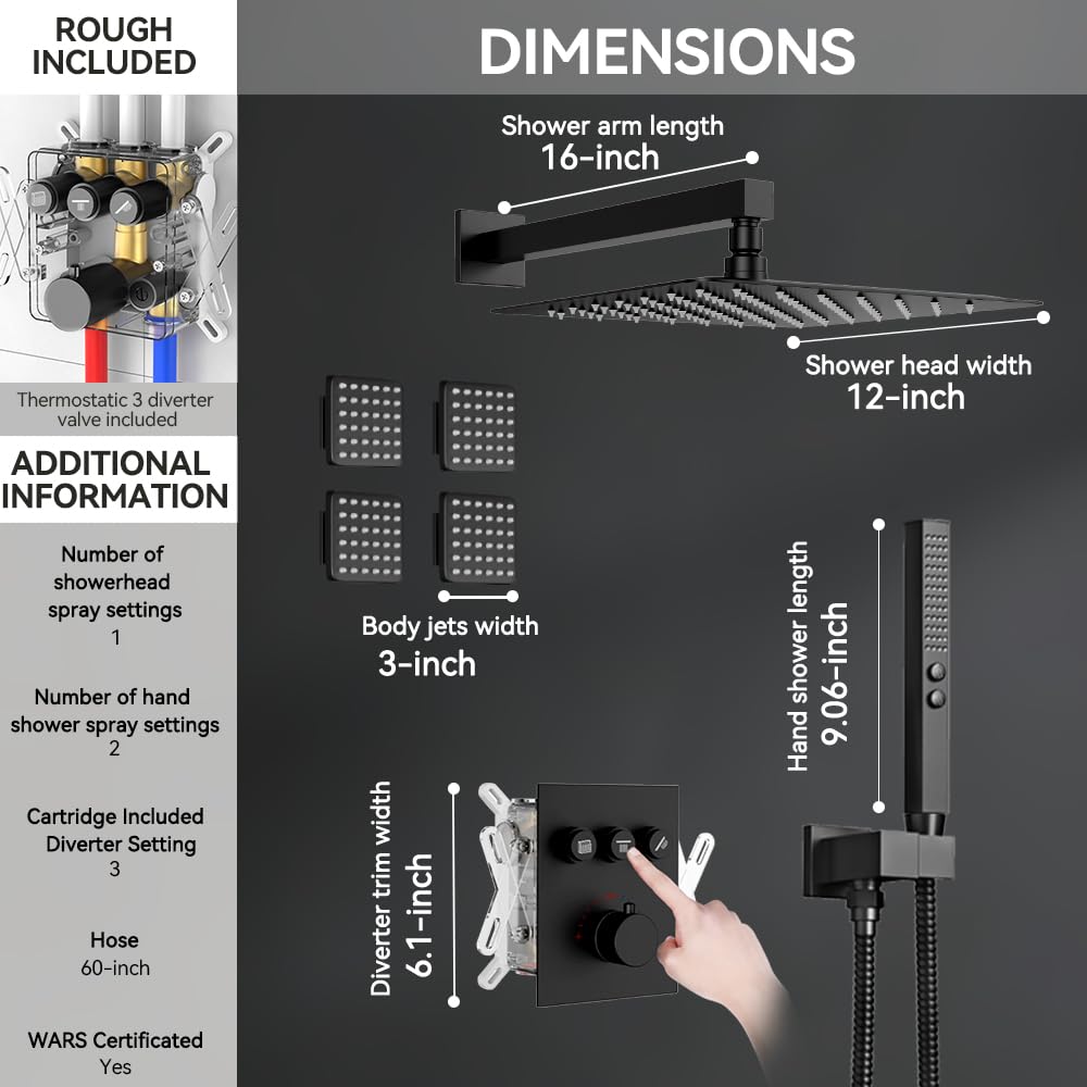 Shower System with Body Jets, STARBATH 12" Rain Shower with 2 in 1 Handheld and 4 Body Jets, Can Use All at Once, Push Button Thermostatic Valve and Trim Kit Complete Shower Faucets Sets, Matte Black