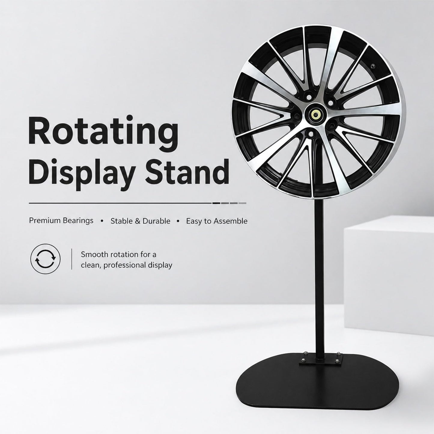 Rotating Tire Wheel Display Stand, Black Iron Rim Display Rack with Premium Bearings, Stable Holder for Auto Shop, Tire Store, Wheel Showroom, Garage, Wall Mount, Bench or Floor Use Optional(Shape 3)