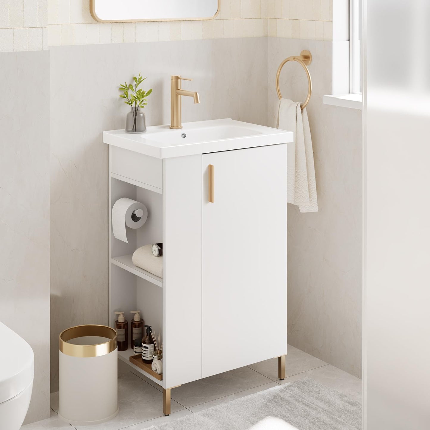 phiestina 20 Inch White Pre-Assembled Small Bathroom Vanity Cabinet with Ceramic Sink, Soft-Close Door, Left Side Storage, Space-Saving Design, No Faucet,BV05-20-WHITE-PLUS