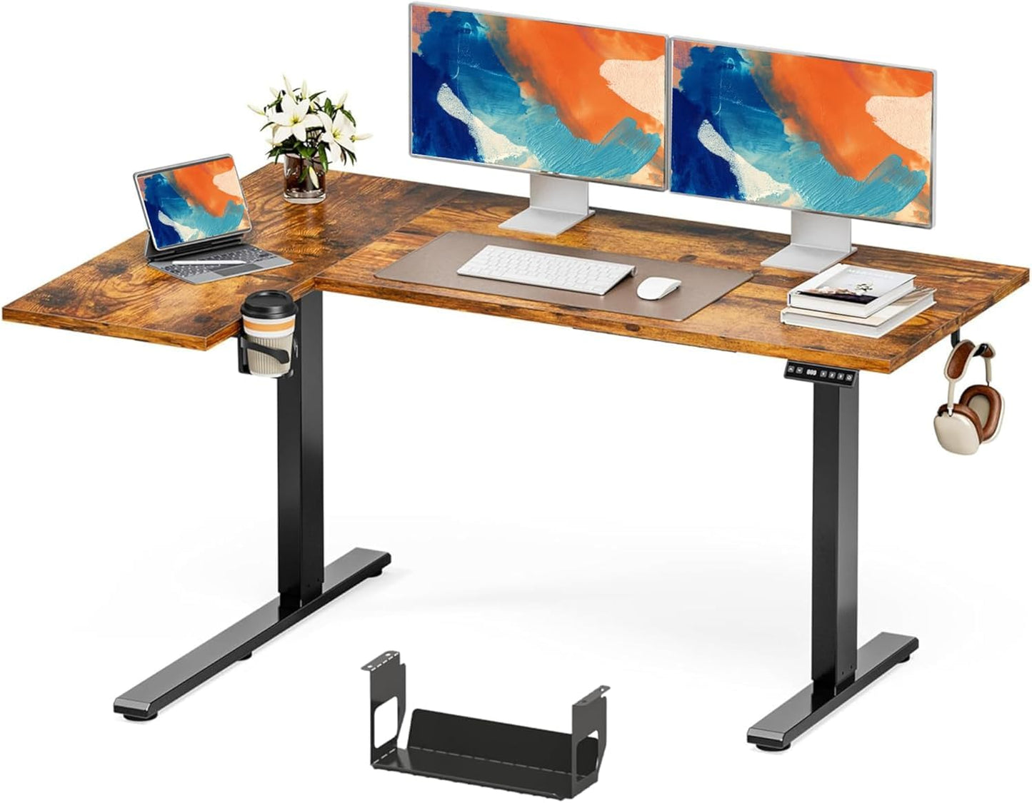 Muvai 71 Inch L Shaped Standing Desk Adjustable Height with Cable Management Tray,Gaming Electric Corner Standing Desk, Sit Stand Computer Table with Reversiable Splice Board, Rustic Brown