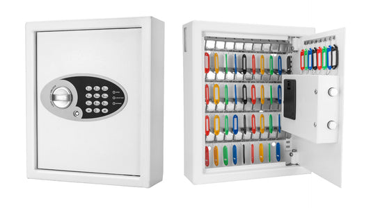 Barska 48 Position Key Cabinet with Digital Keypad Wall Mounted Security Keys Safe Key Organizer White with Adjustable Racks Key Tags