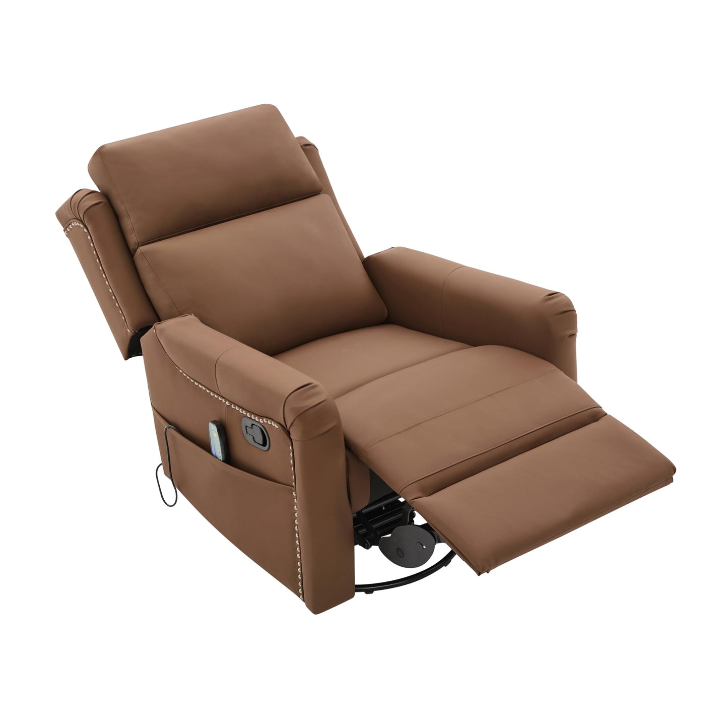 Merax Modern Manual Recliner Chair with Massage & Heat, 270° Swivel Rocking Chair, PU Leather Upholstered Home Theater Recliner with Storage Pocket, Adjustable Backrest for Living Room, Brown