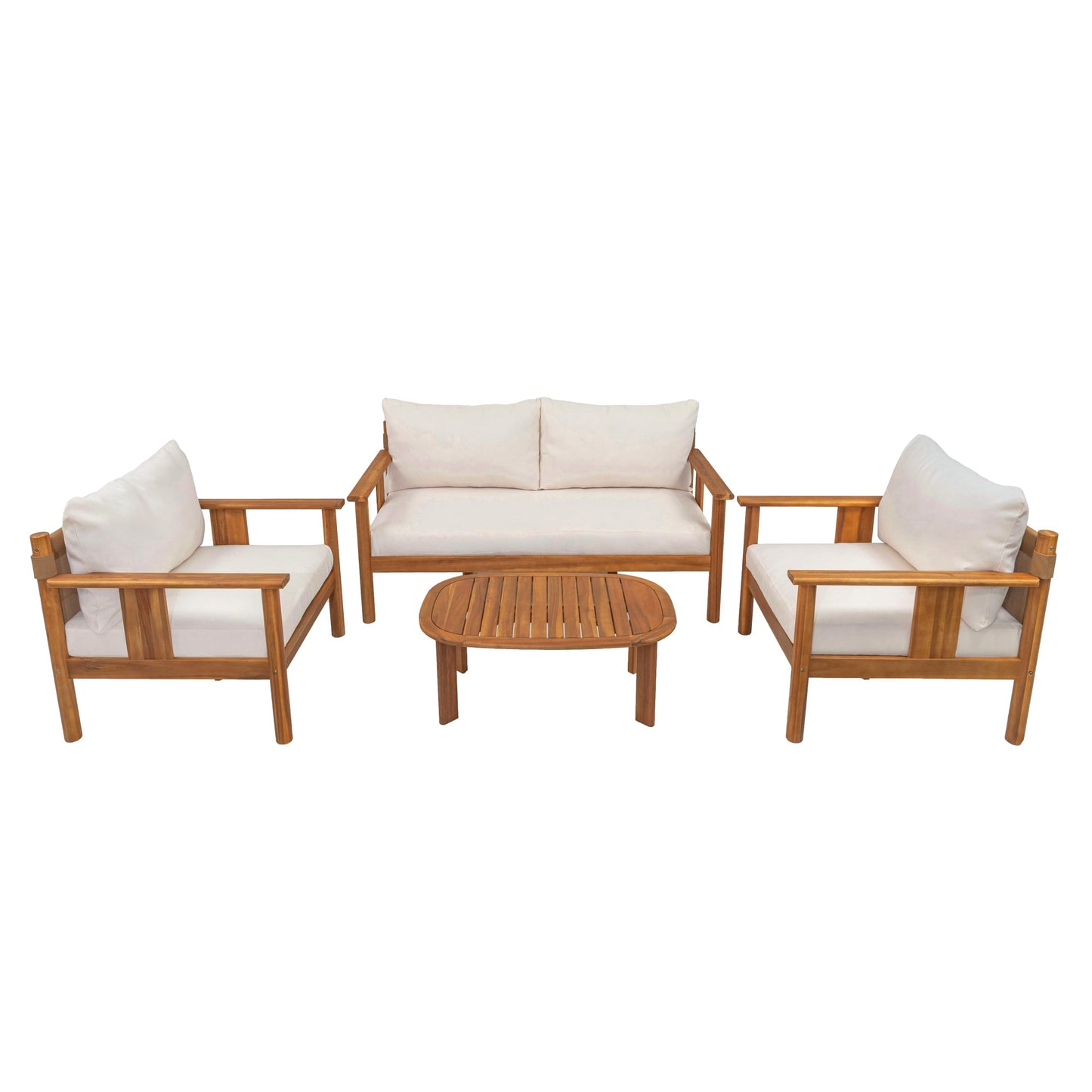 Christopher Knight Home Willy Acacia Wood Patio Furniture Set with Water-Repellent Cushion, 4 Piece Outdoor Acacia Wood Conversation Set, Outdoor Sectional Sofa Set with Coffee Table, Beige+Teak