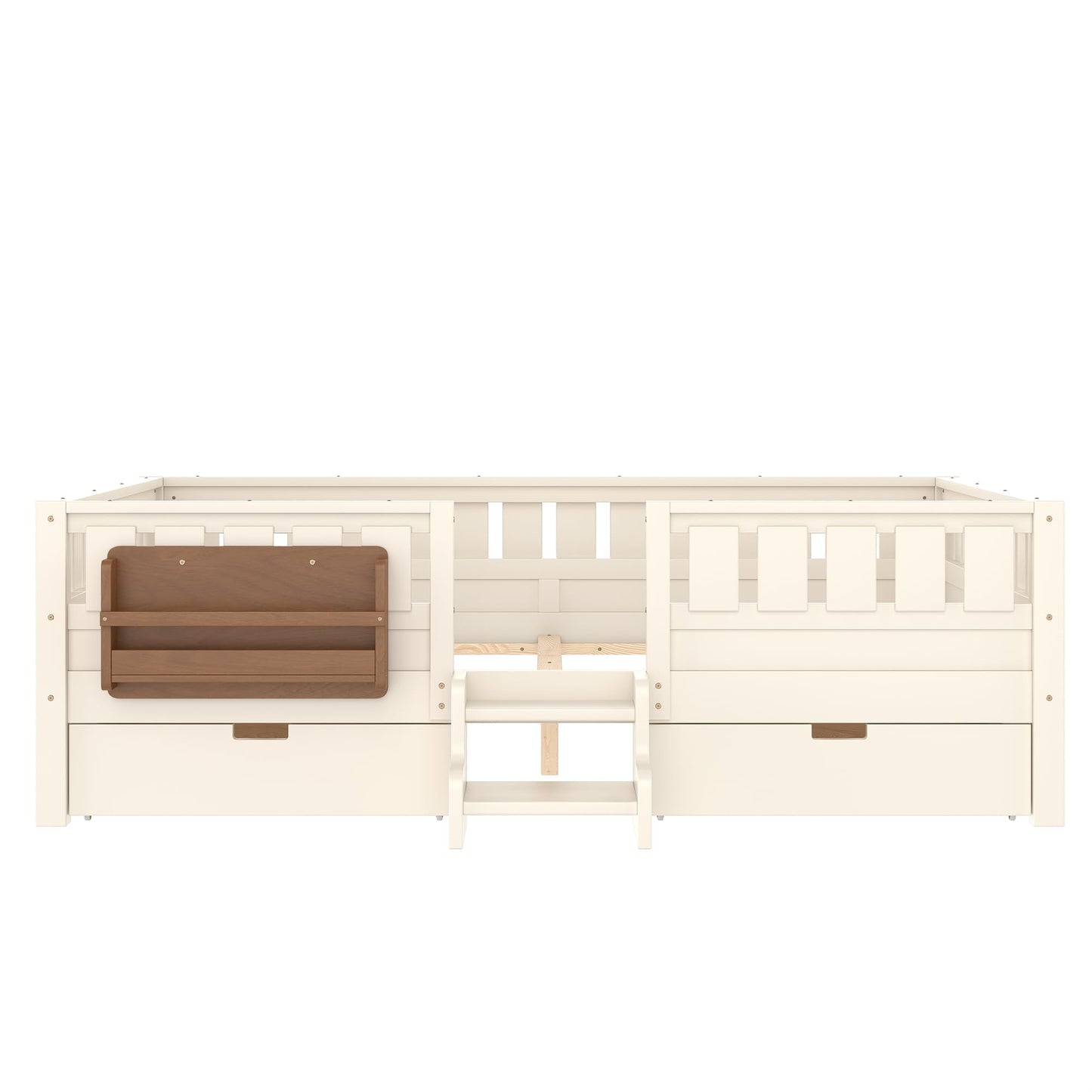 Queen Platform Bed with Storage Drawers and Bookshelves, Kids Platform Bed Frame with Low-profile Stairs and Full-length Guardrails, Queen Bed Frame for Boys, Girls, No Box Spring Needed, Beige