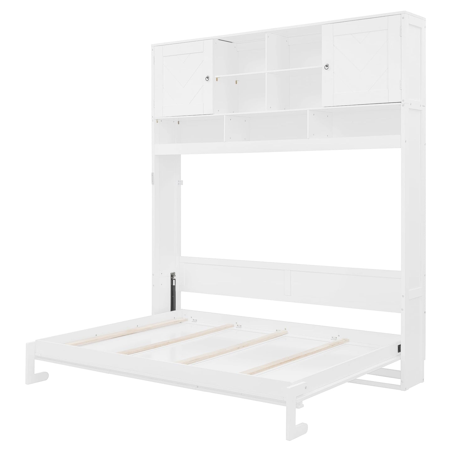 Merax Queen Size Murphy Bed Wall Bed with Top Storage Cabinets and Shelves, Fold into The Wall, Space-Saving Design, White Foldable Platform Bed Frame with Chevron Stripes, for Bedroom, Guest Room