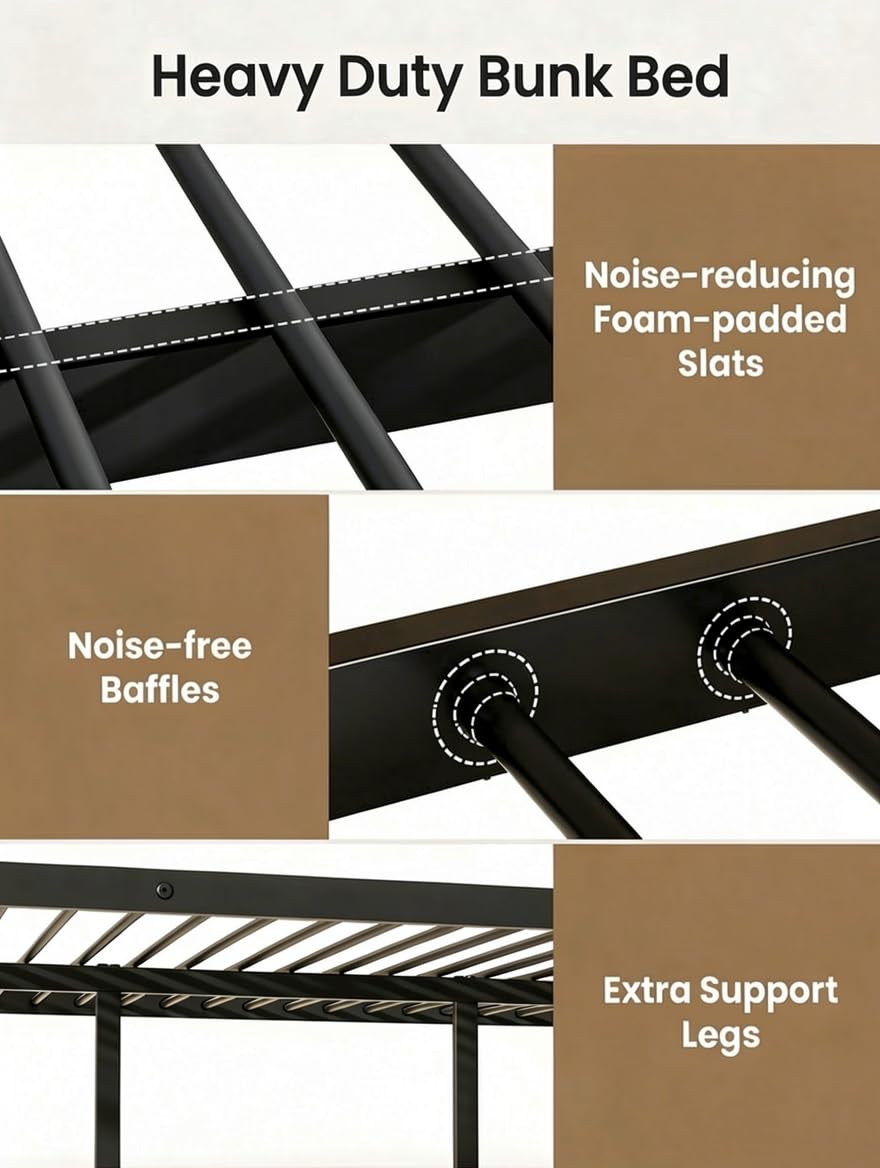 Mixcous Full Over Full Bunk Bed for Adults, Heavy Duty Metal Bunk Bed Frame, Convertible into 2 Full Beds, Noise-Free, Full-Length Guardrails & EVA Padded Ladder, No Box Spring Needed, Black