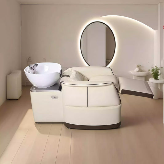 HHEvergreenEnsemble Salon Shampoo Bowl - Backwash Unit Set with Electric One-Button Adjustment, Shampoo Chair Includes High-End Luxury Style, Round Ceramic Sink