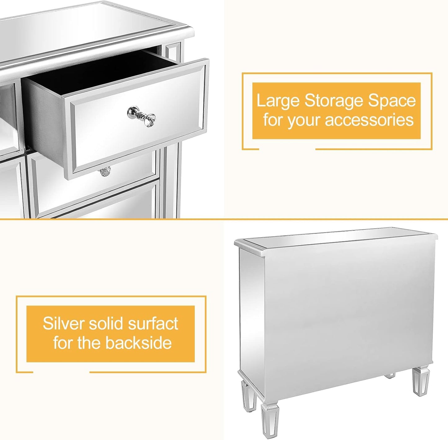 VINGLI Mirrored Dresser for Bedroom with 6 Storage Drawer Modern Chest of Drawers, Silver, 32”L x 12”W x 28”H
