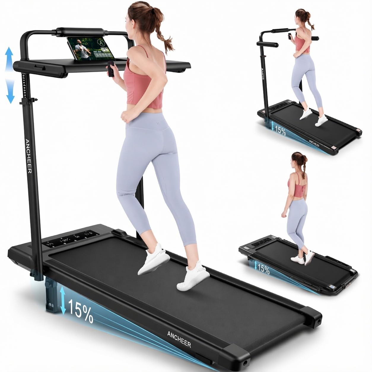 ANCHEER 15% Incline Walking Pad Treadmill with Desk Workstation & Adjustable Height, Portable Treadmills for Home 450 lbs Weight Capacity, 3.5HP Quiet Walking Pad with Desk, Installation in 4 Steps