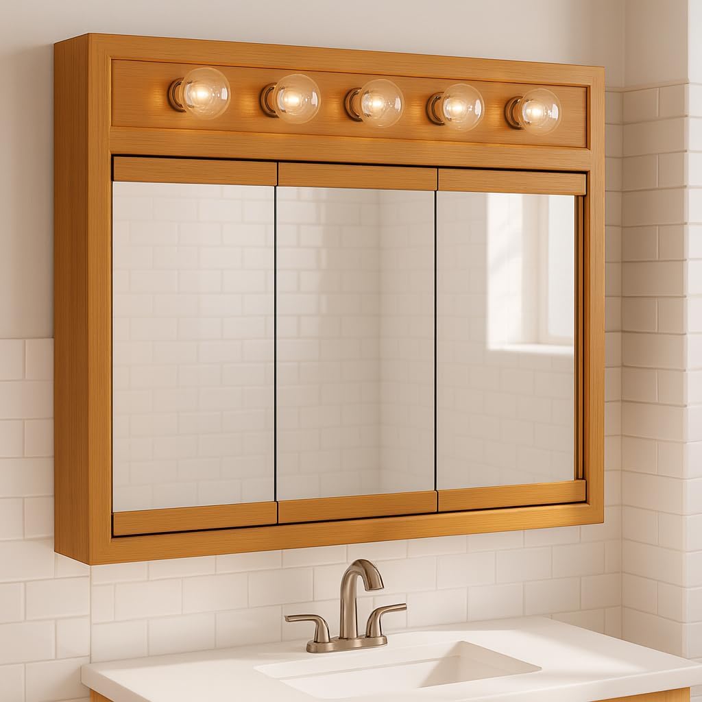 Design House Richland Medicine Cabinet with 5 Lights, Fully Assembled, Wall Mounted, 3 Mirrored Doors, Wood Frame, Oak Finish, 36 in x 5 in x 30 in, 530618-NOK