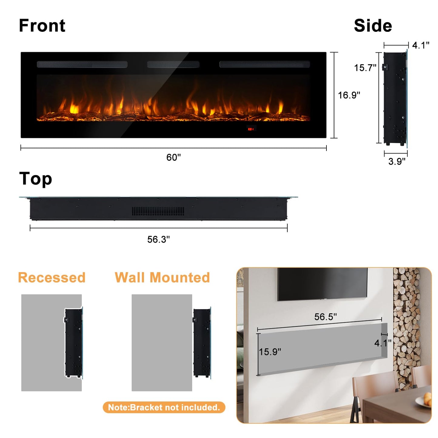 OneBlis Electric Fireplace, 60 inch Wide Recessed/Wall Mounted Electric Fireplace, Remote Control with Timer 12 Adjustable Color Flame, Remote Control, Log Set & Crystal