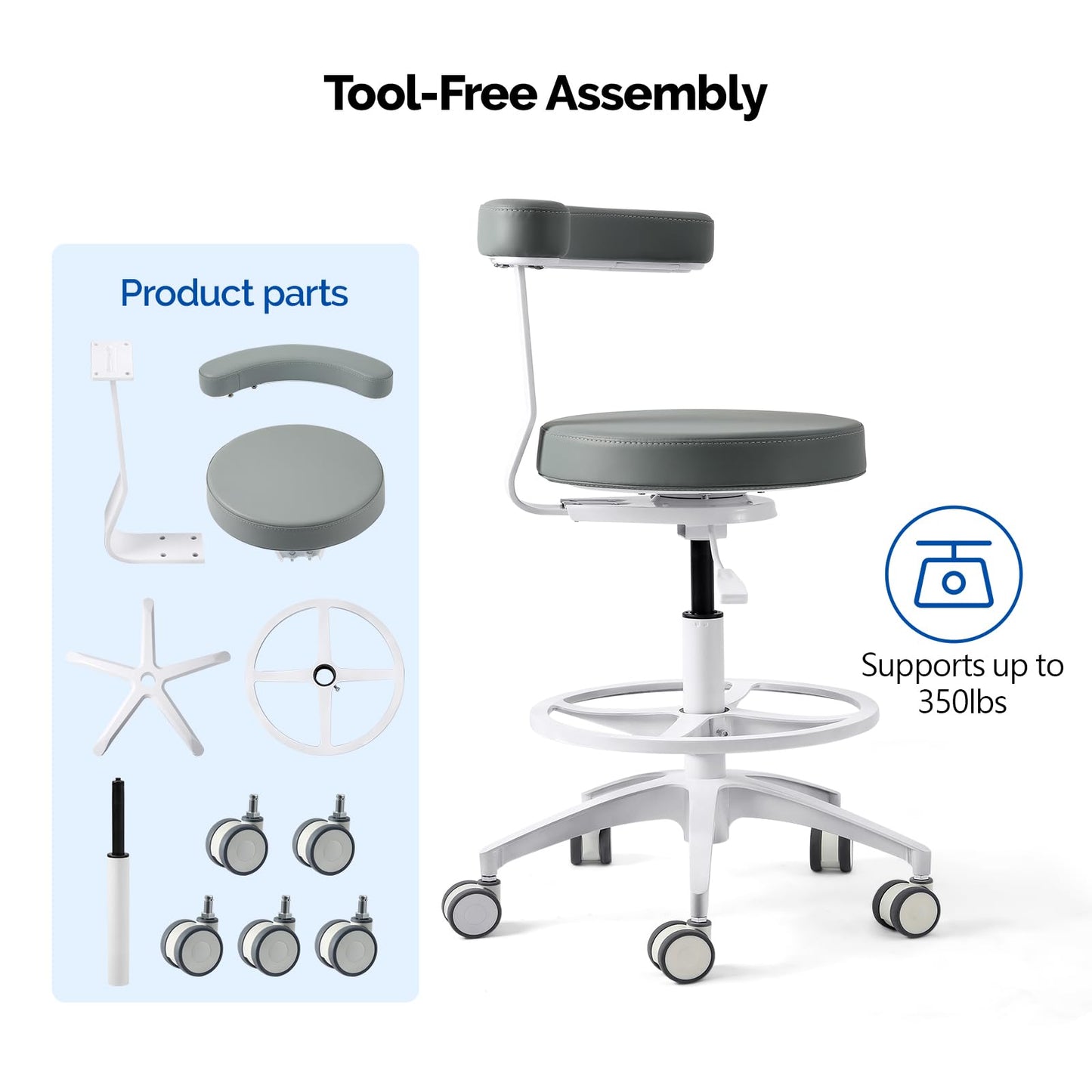 JMU Dental Assistant Chair with Arm Rest for Medical Clinic Lab, Gray