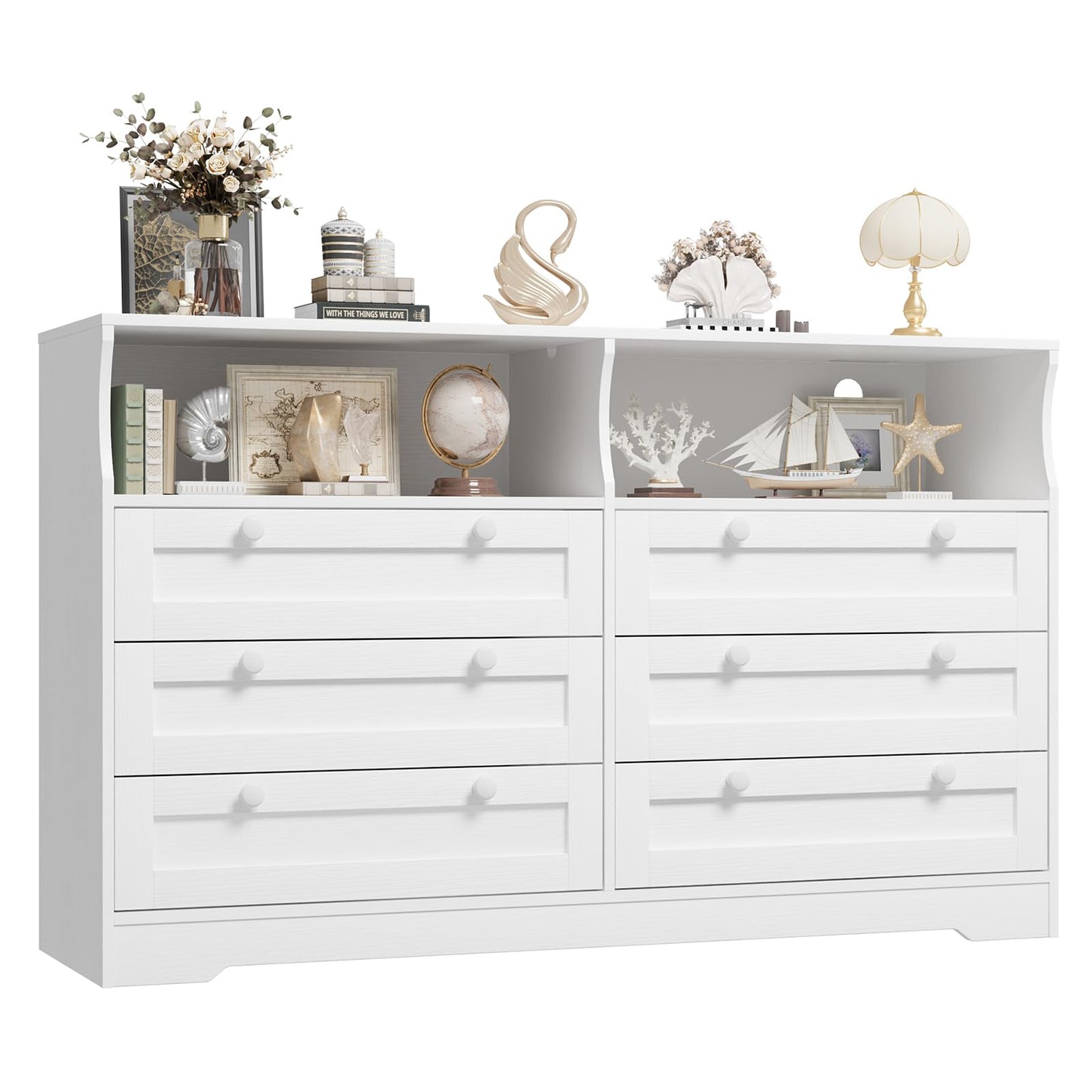 IDEALHOUSE 55" 6-Drawer Dresser for Bedroom – Wood Chest with Charging Station, LED Lights & 2 Storage Compartments, Modern TV Stand for Living Room & Hallway, White