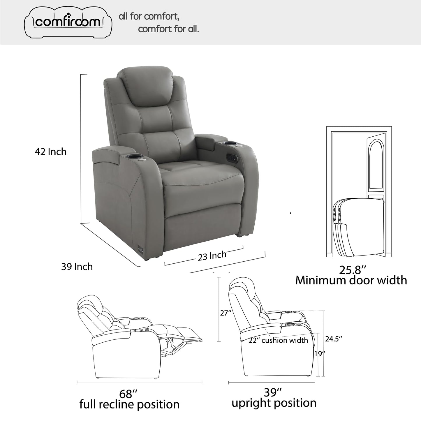 comfiroom Top Grain Leather Home Theater Seating Seats, Simple Style Dual Power Gaming Sofa Movie Theater Chairs Recliner Sofa with Type-C USB Charger (Grey, Row of 1)