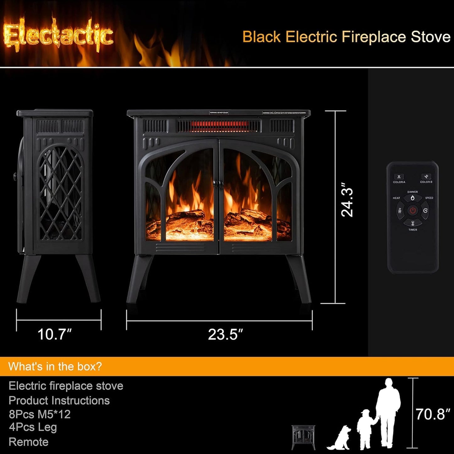 Electactic 24Inch Electric Fireplace Stove, Free-Standing Infrared Fireplace Stove, Controllable 3D Flame, 4 Variable Flame&Log Colors, 1500w, 5100BTU,TC(50℉-99℉),Black,23.5" L X 10.7" W X 24.3" H