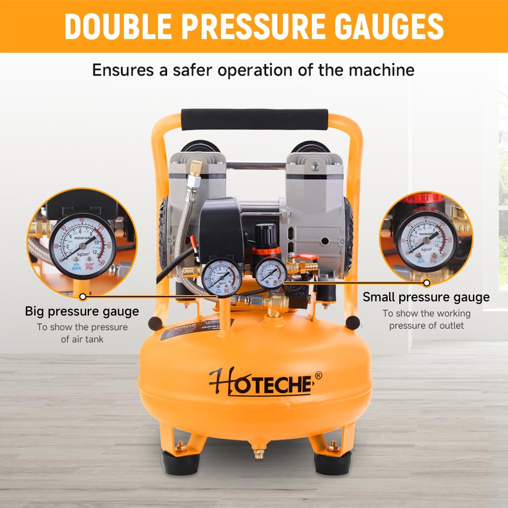 Hoteche 9L Vertical Air Compressor, 1000W, Matte Yellow, Dual Display Gauge with Pressure Regulator & Ball Valve