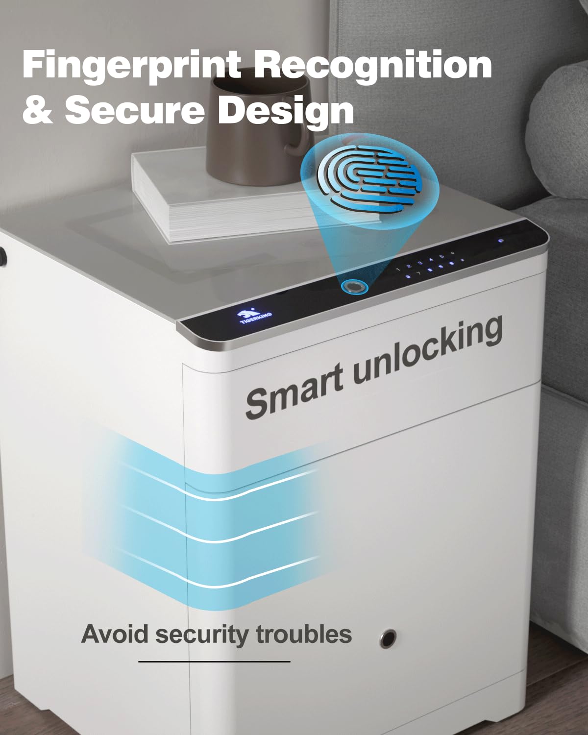 TIGERKING 3-in-1 Biometric Heavy Duty Safe, Lockable Drawer Gun Safes with Wireless Charging Station, Home Safe Adjustable Lighting with USB & Type-C Port for Bedroom Office, White