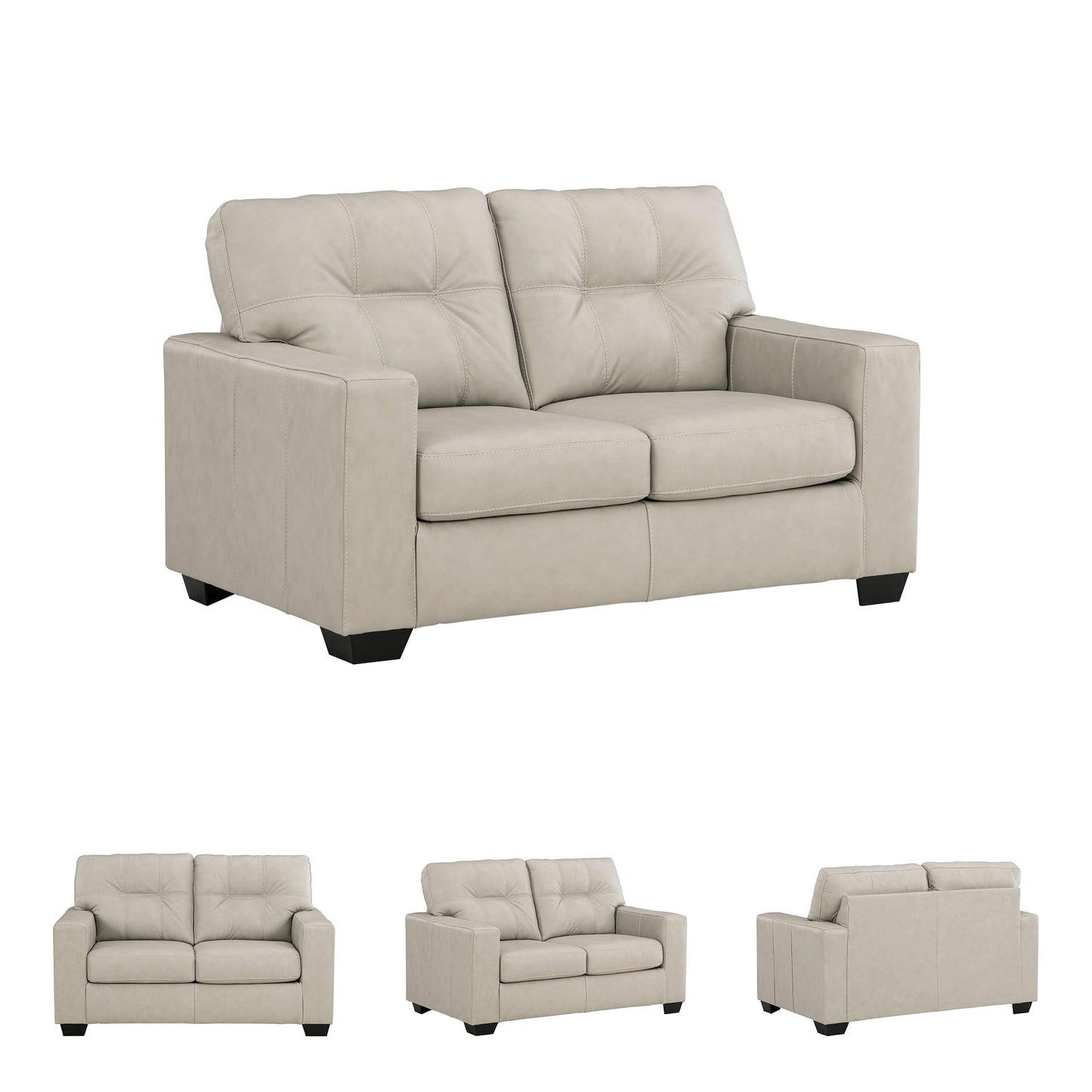 Signature Design by Ashley Santorine Classic Leather Match Loveseat with Tufted Cushion and Removable Cushion, Light Gray