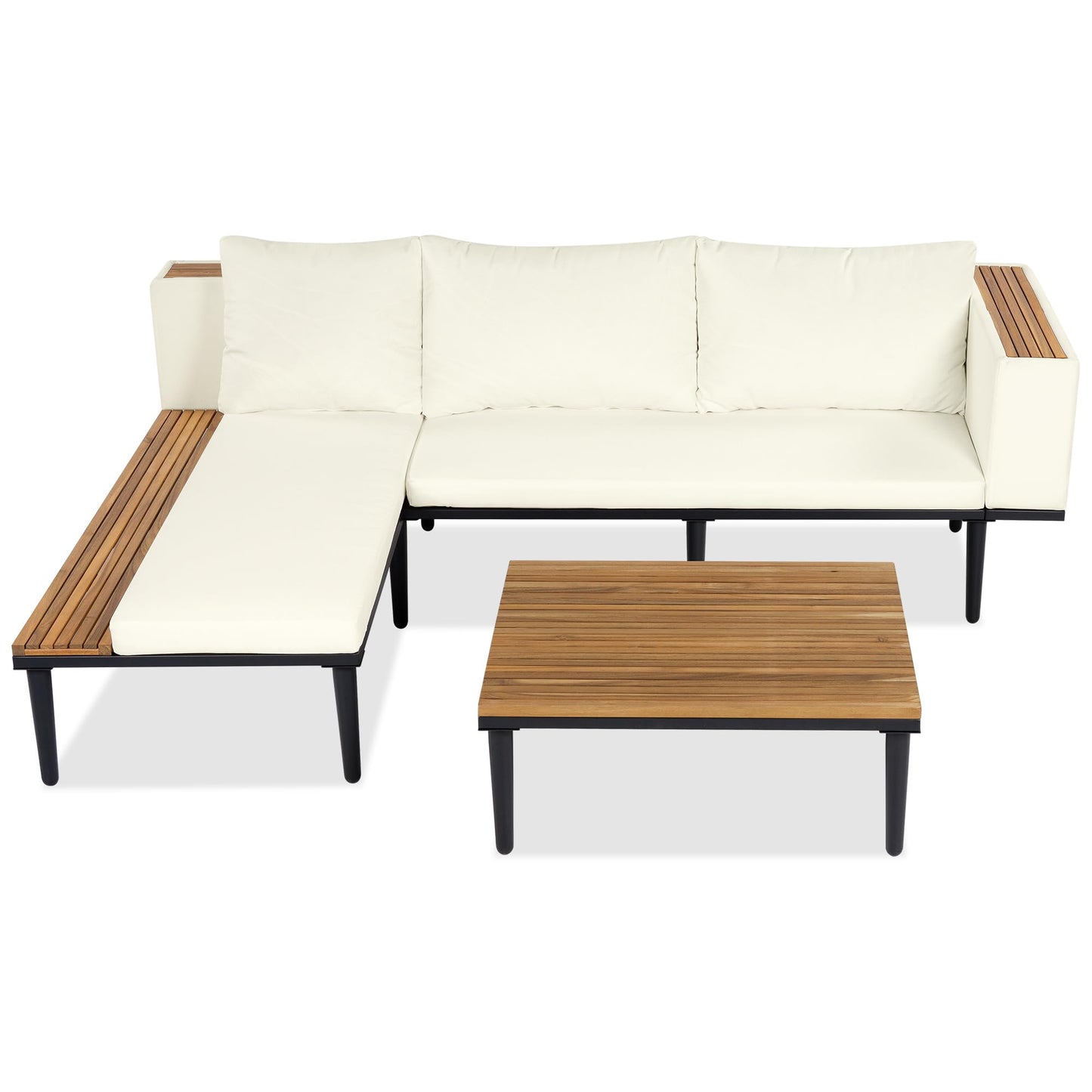 Luxury 4-Piece L-Shaped Outdoor Patio Sofa Set with Acacia Wood Side & Coffee Table, Removable Cushions & Pillows, Metal Frame, Comfortable Modular Conversation Sectional for Backyard, Porch, Beige