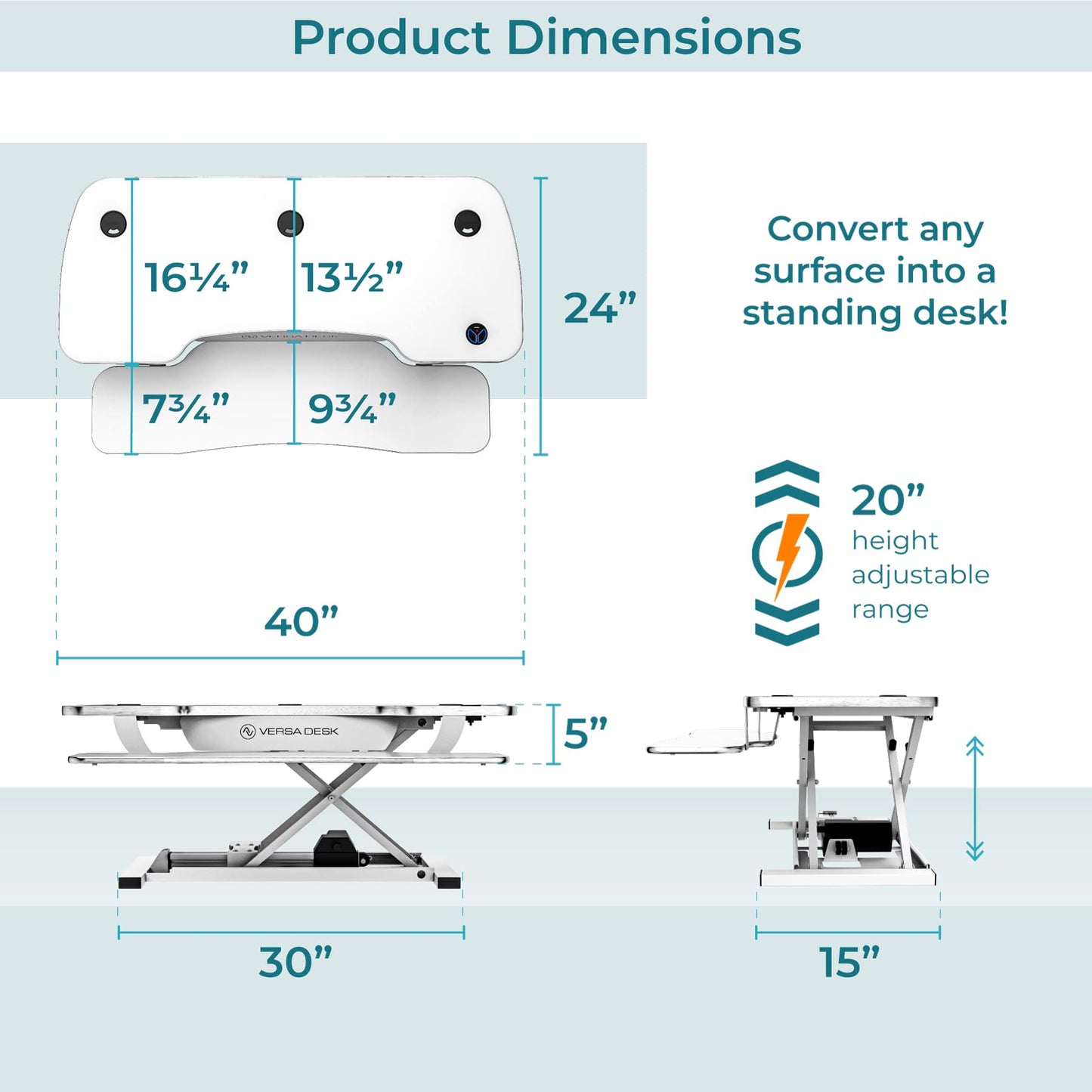 VERSADESK PowerPro 40 Inch Electric Standing Desk Converter – Push-Button Height Adjustable Sit to Stand Desk Riser for Triple Monitors & Laptop – Motorized Desktop Workstation with Wide Keyboard Tray