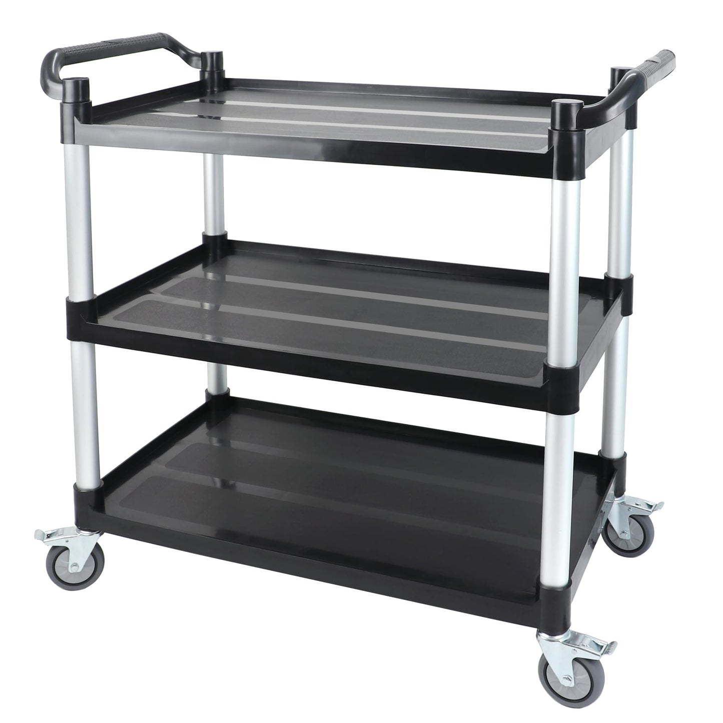 17Tek 3-Tier Rolling Utility Cart with 4 Lockable Wheels, Heavy Duty Plastic Service Cart with 540lbs Capacity, Commercial Service Cart on Wheels for Restaurant/Office/Warehouse/Kitchen/School, Black
