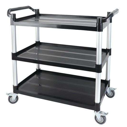 17Tek 3-Tier Rolling Utility Cart with 4 Lockable Wheels, Heavy Duty Plastic Service Cart with 540lbs Capacity, Commercial Service Cart on Wheels for Restaurant/Office/Warehouse/Kitchen/School, Black