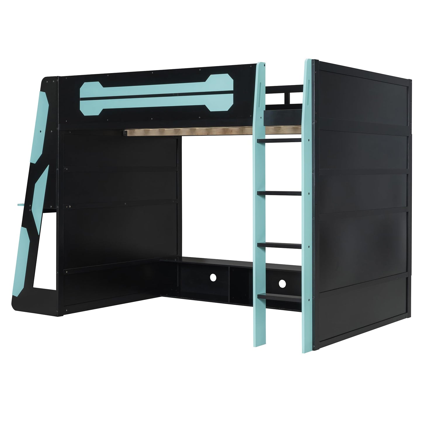 Merax Full Size Loft Bed with Desk and Multi-Storage Shelves, Wooden Gaming Loft Bed Frmae with Light and Charging Station, Space-Saving Bed with Safety Guardrail, No Box Spring Needed, Blue