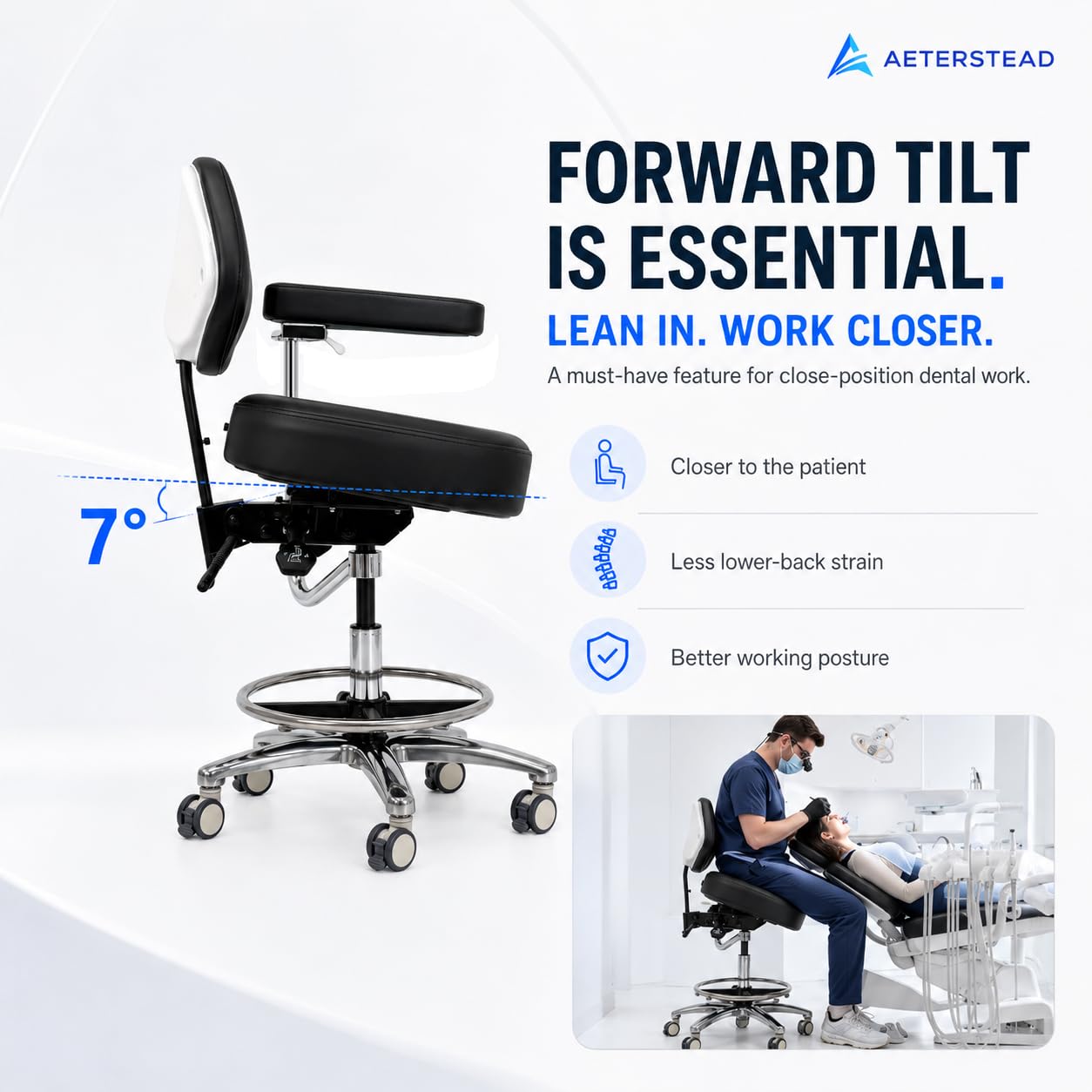 Dental Assistant Chair with Arm & Back – Ergonomic Stool with Forward Tilting Seat, Adjustable Height, Locking Rubber Wheels, Medical Grade Leather, Heavy Duty Base for Hygienist Clinic Lab