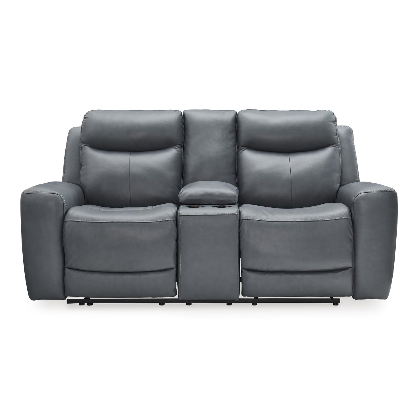 Signature Design by Ashley Mindanao Modern Leather Match Upholstered Power Reclining Loveseat with Console, USB Ports and Cup Holders, Gray