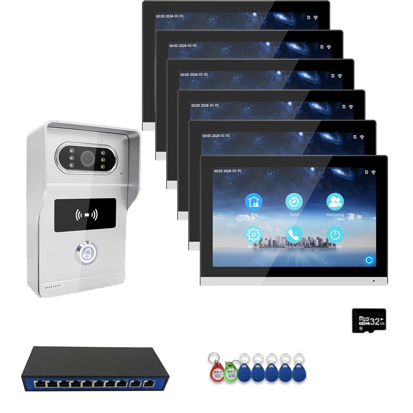 WiFi IP Video Apartment Intercom System,1080P Camera and 6 PC 10 inch Touch Screen Monitor Wired Monitor,Door Phone Kit with 32G Card, Tuya