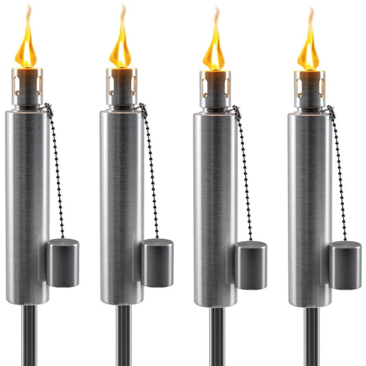 Matney Stainless Steel Outdoor Torches - 5 ft Oil Lamp Set of 4 - Fiberglass Wick & Snuffer Cap - Decorative Garden Lights