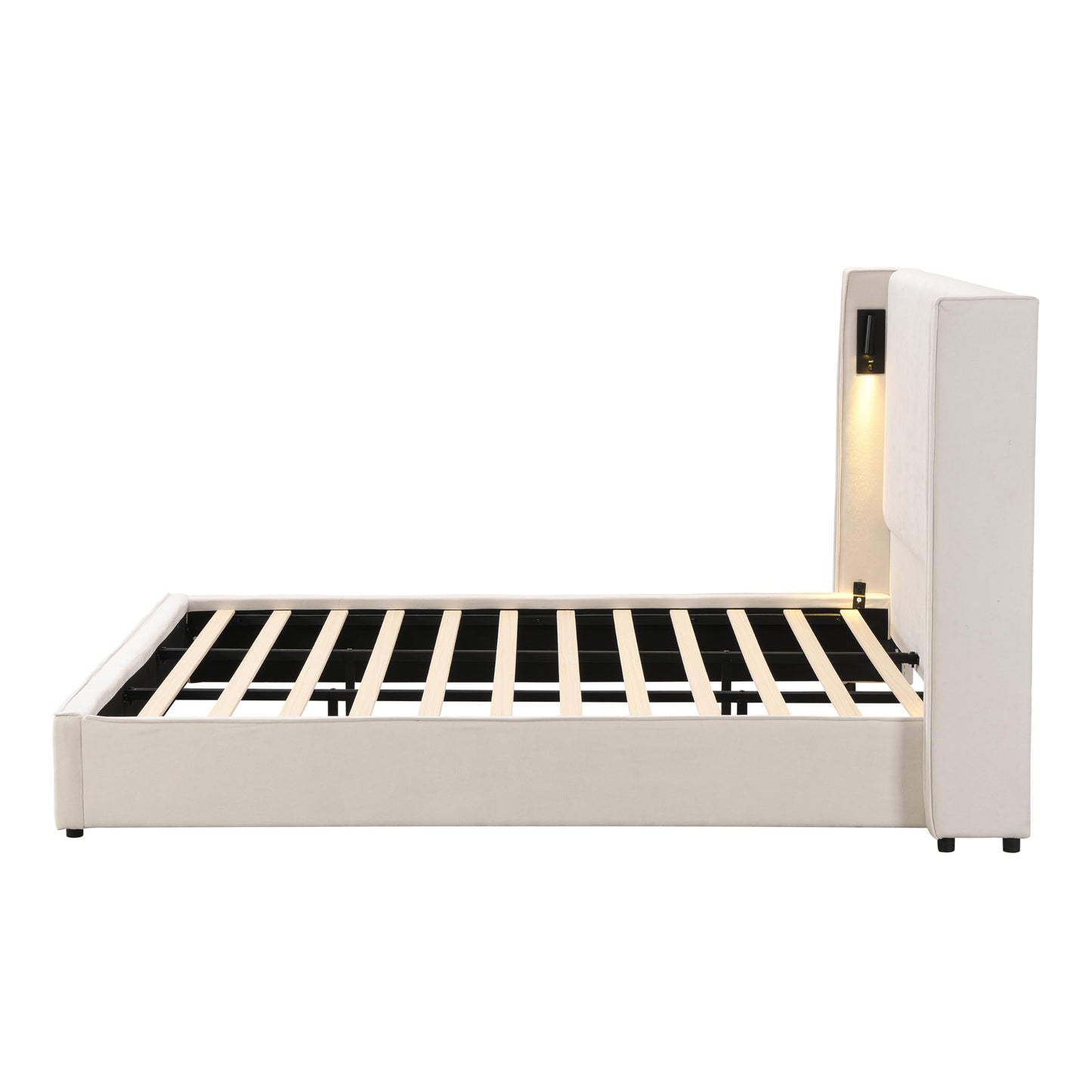 Christopher Knight Home Hazel 49.20" H King Headboard Bed, Upholstered King Size Bed, Slats Panel Support Platform, No Spring Box Needed, Wingback Headboard with Reading Lamps and USB, Beige