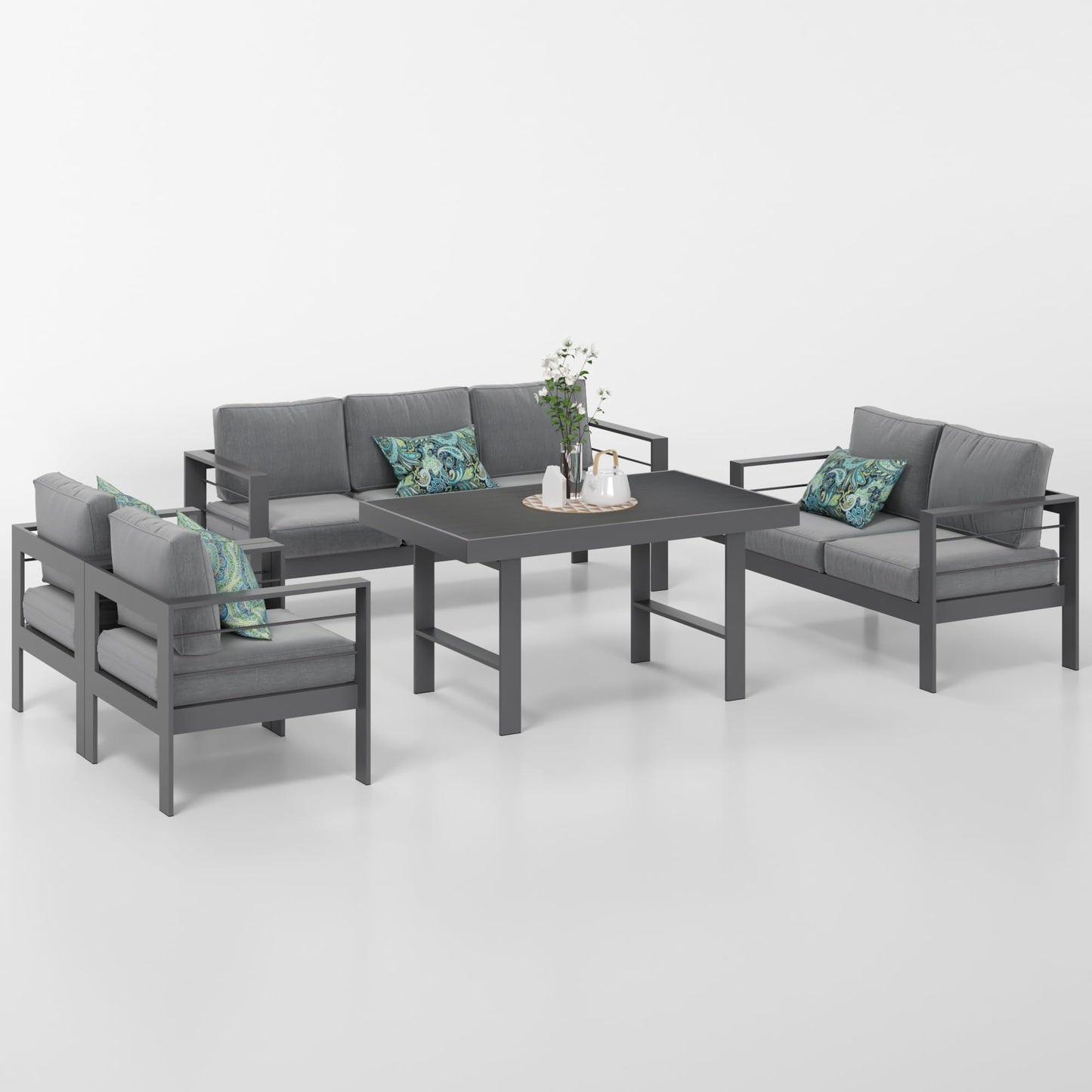Solaste Aluminum Patio Furniture Set,5 Pieces Modern Outdoor Conversation Set Sectional Sofa with Upgrade Cushion and Dining Table, Grey