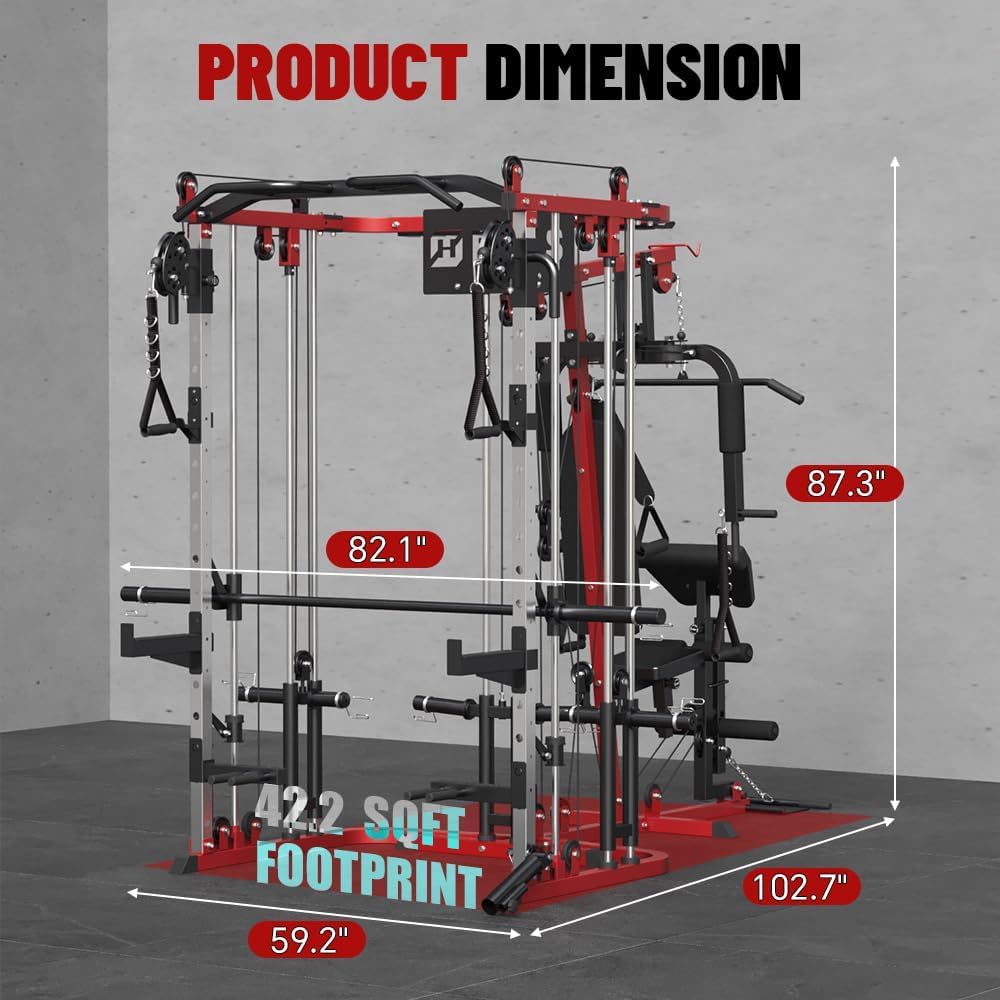 FAGUS H All in One Home Gym System Workout Station with Weight Bench, Multi-Function Smithe Machine Power Cage with Cable Crossover, Tripe-Sided Independent Load Posts Functional Trainer, Black & Red