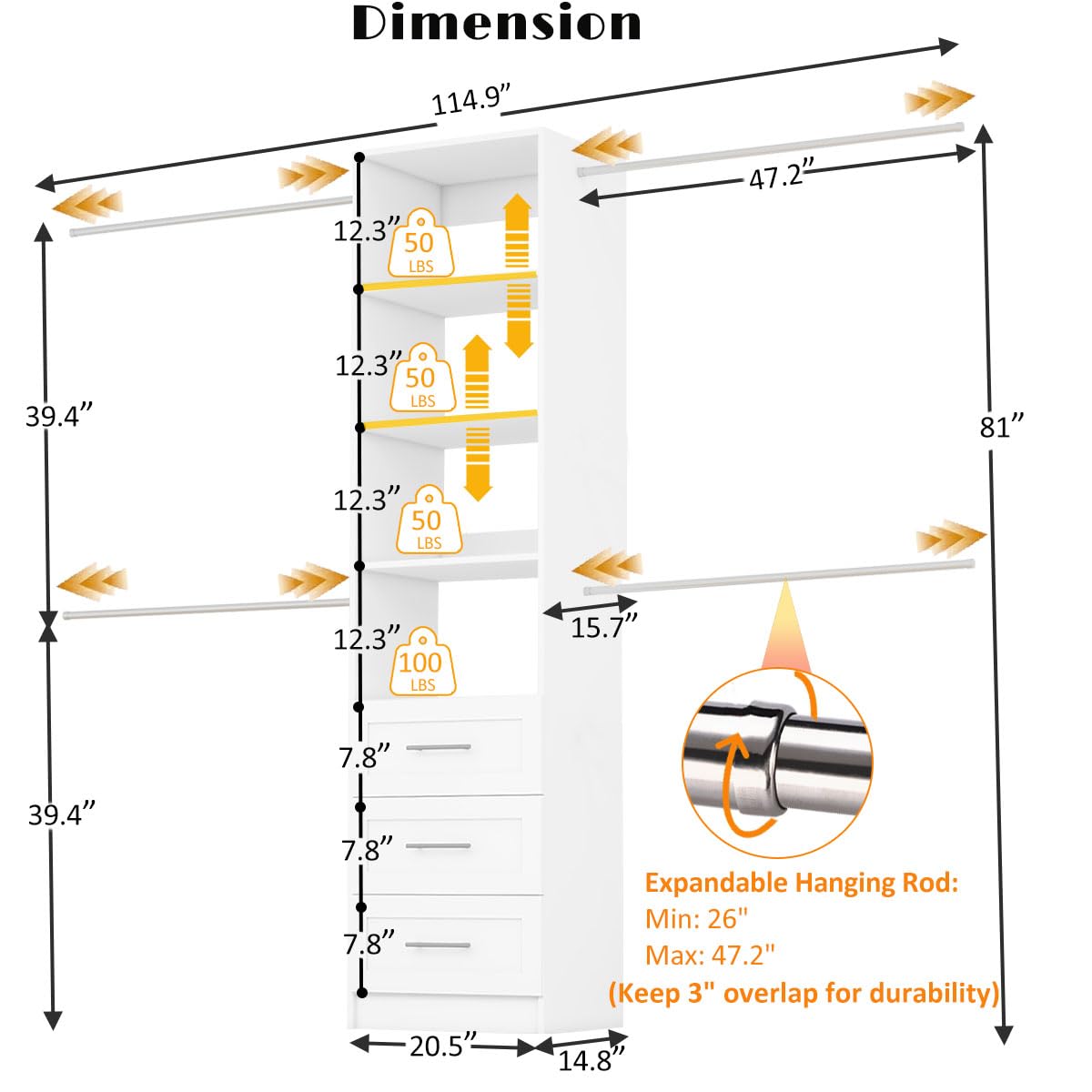 Closet System with Drawers, 5FT-9FT Custom Closet Organizer System 114.9" Walk in Wood Closet Storage System with 4 Expandable Hanging Rods Wall Mount White