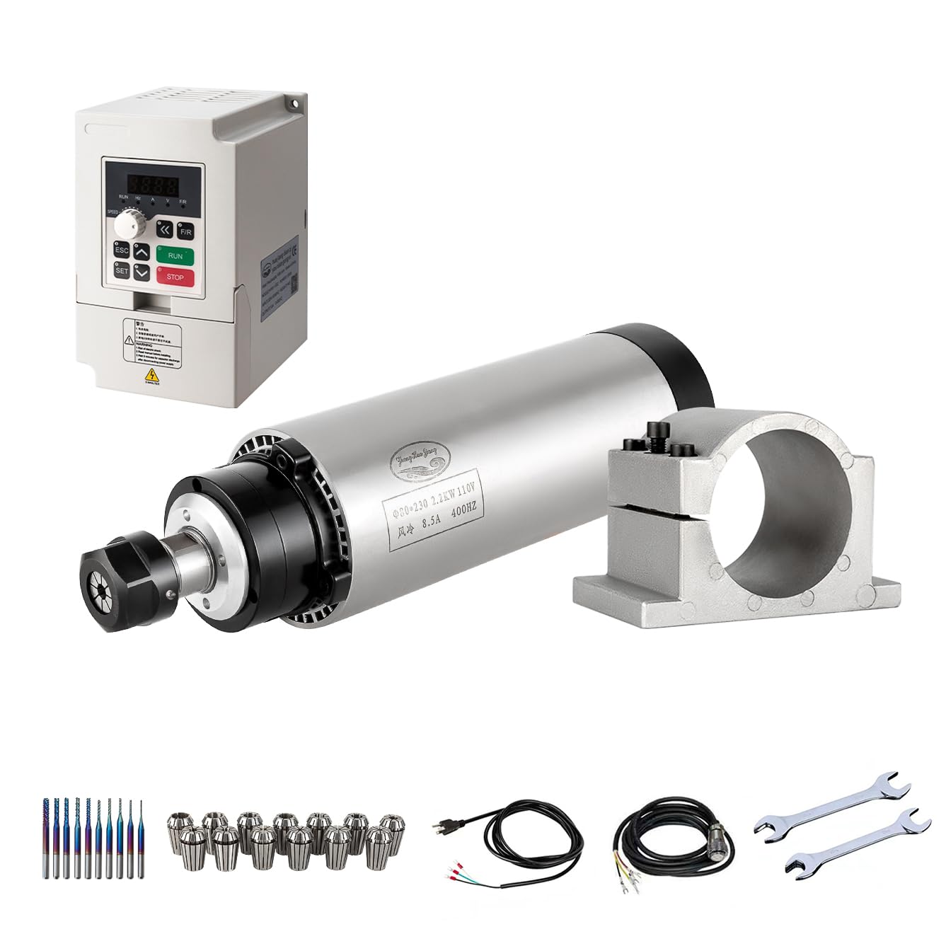 CNC Spindle Motor Kits, 110V 2.2KW Φ80mm Air Cooled Spindle CNC Spindle CNC Motor + 2.2KW VFD+Φ80mm Clamp Mount + Collet kit ER20+ Drill bits+ Wires for CNC Router Machine