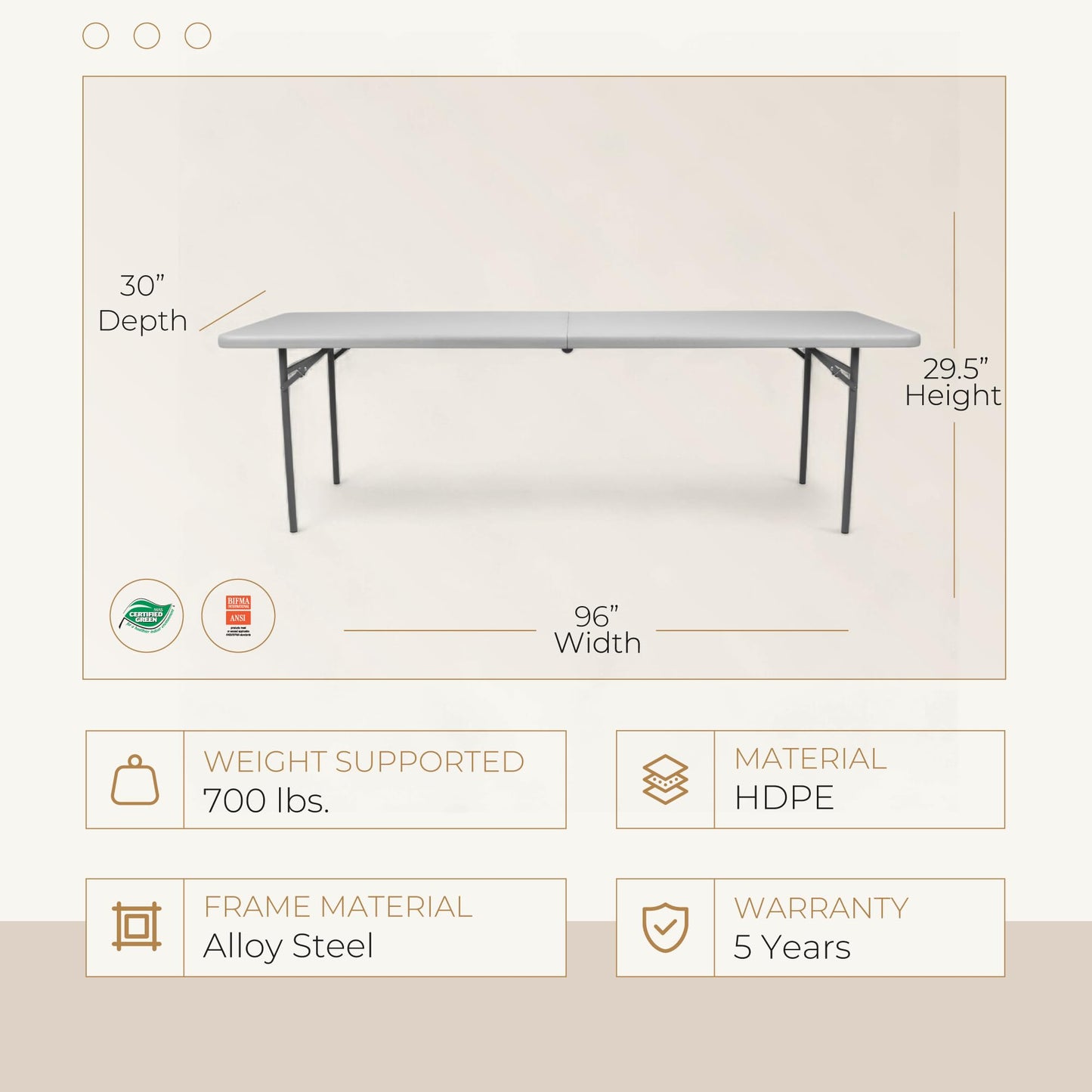 OEF Furnishings OEFCMFIH3096 Rectangular Commercial-Grade Premium Industrial Fold-in-Half Blow-Molded Folding Table with 18-Gauge Steel Frame and Thick Top (Rectangle, 30" × 96", Speckled Gray Top)