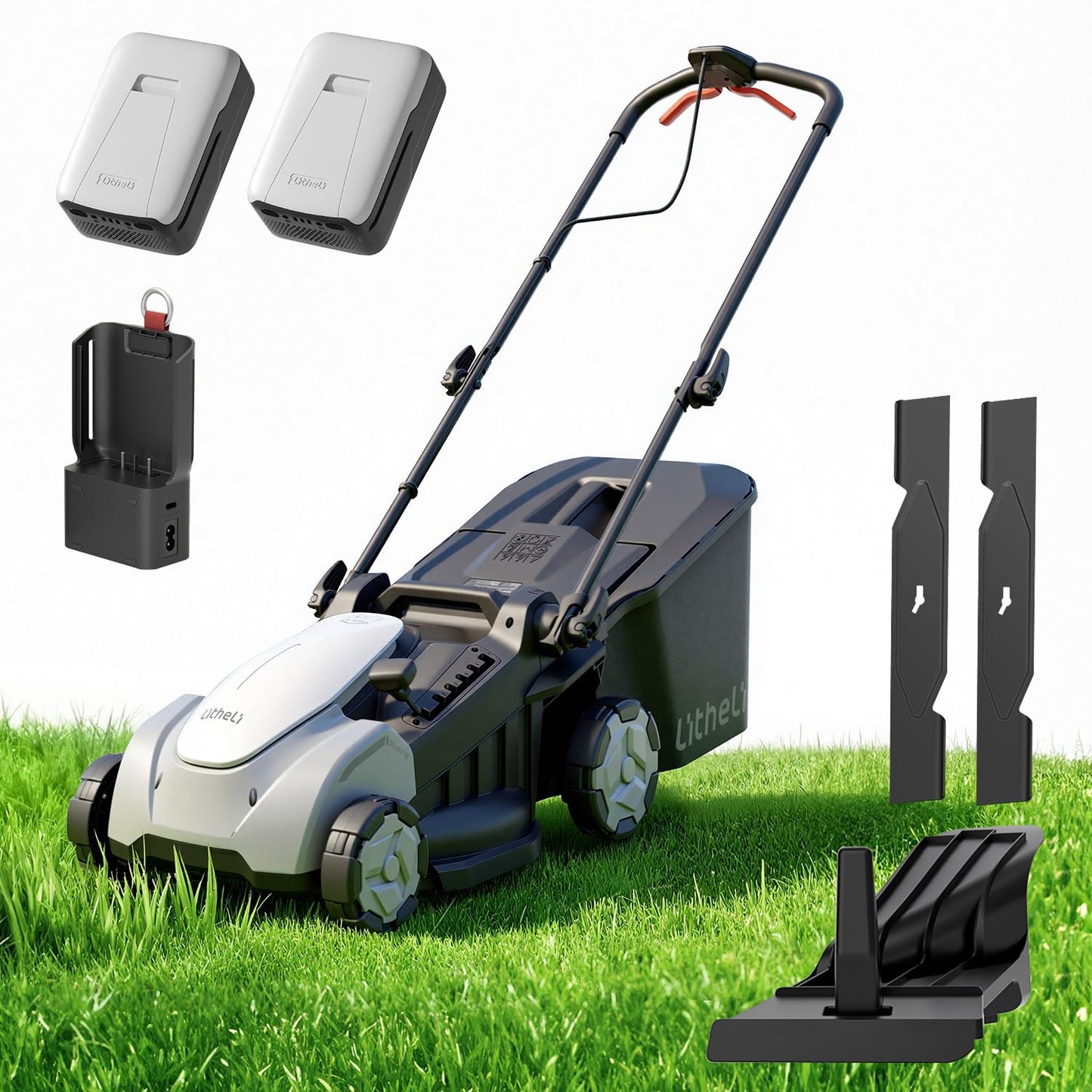 Litheli 2x20V 16 Inch Cordless Lawn Mower, Brushless Battery Powered Push Mower, 6 Adjustable Cutting Heights 25-75mm, 50L Collection Bag & Mulching, 2x5.0Ah Batteries and Charger Included