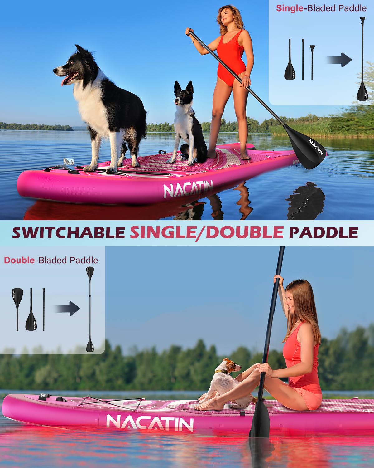 NACATIN Inflatable Stand Up Paddle Board - Premium SUP Board with Dog Ramp Kit,Complete SUP Set Paddle Boards for Adults with Single/Double Paddle, Backpack, Suitable for Paddle Boarding with Dog