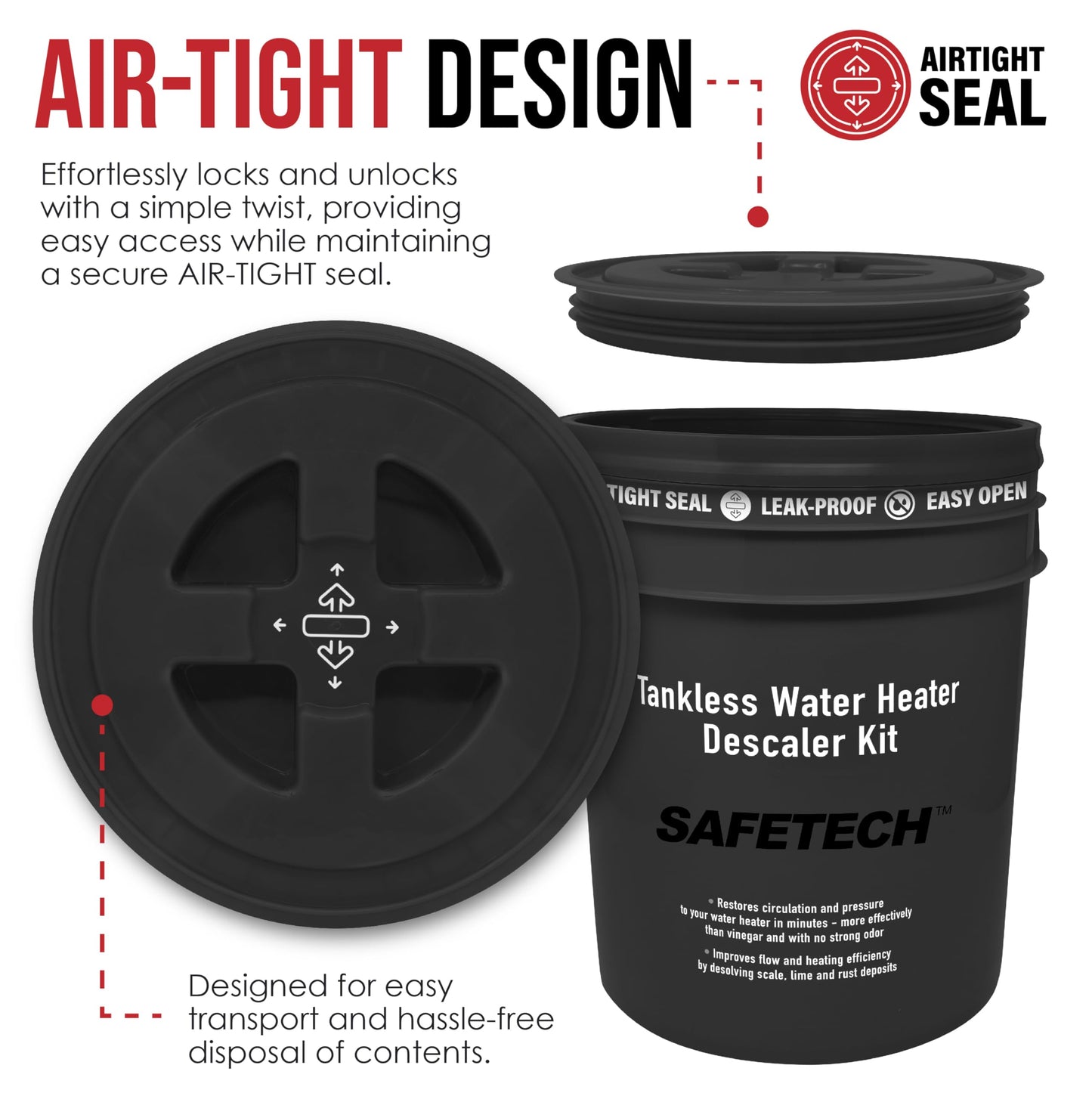 Safetech Tankless Water Heater Flushing Kit with 5-Gallon Screw-Top Lid, Premium Hoses, 1/6 HP Utility Pump, 4 Quarts Descaler, and Pump Grate