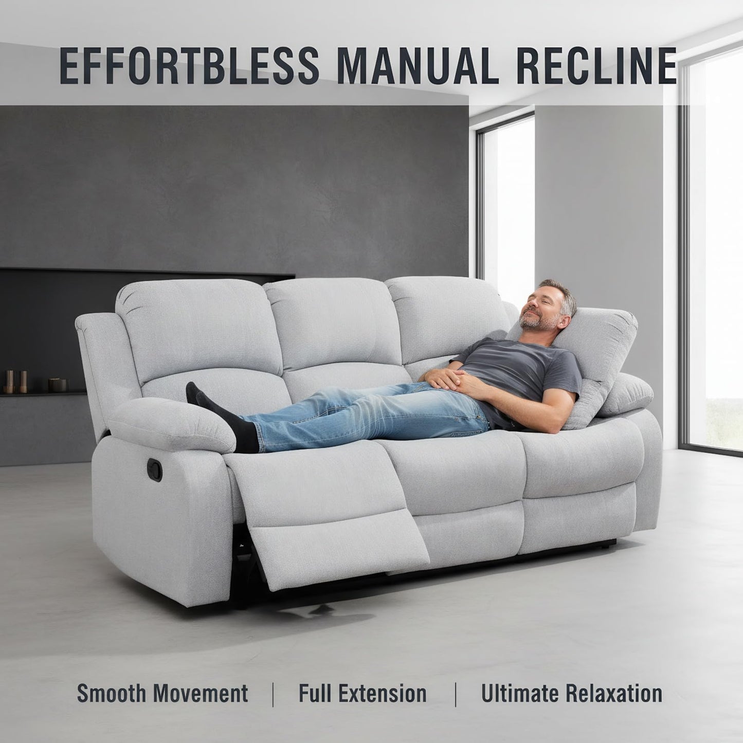 Trygoal Manual Recliner Sofa Set, Linen Reclining Living Room Furniture Set, Adjustable Backrest Reclining Loveseat Sofa and a 3 Seater Couch Furniture Set for Living Room, Home Theater, White Grey