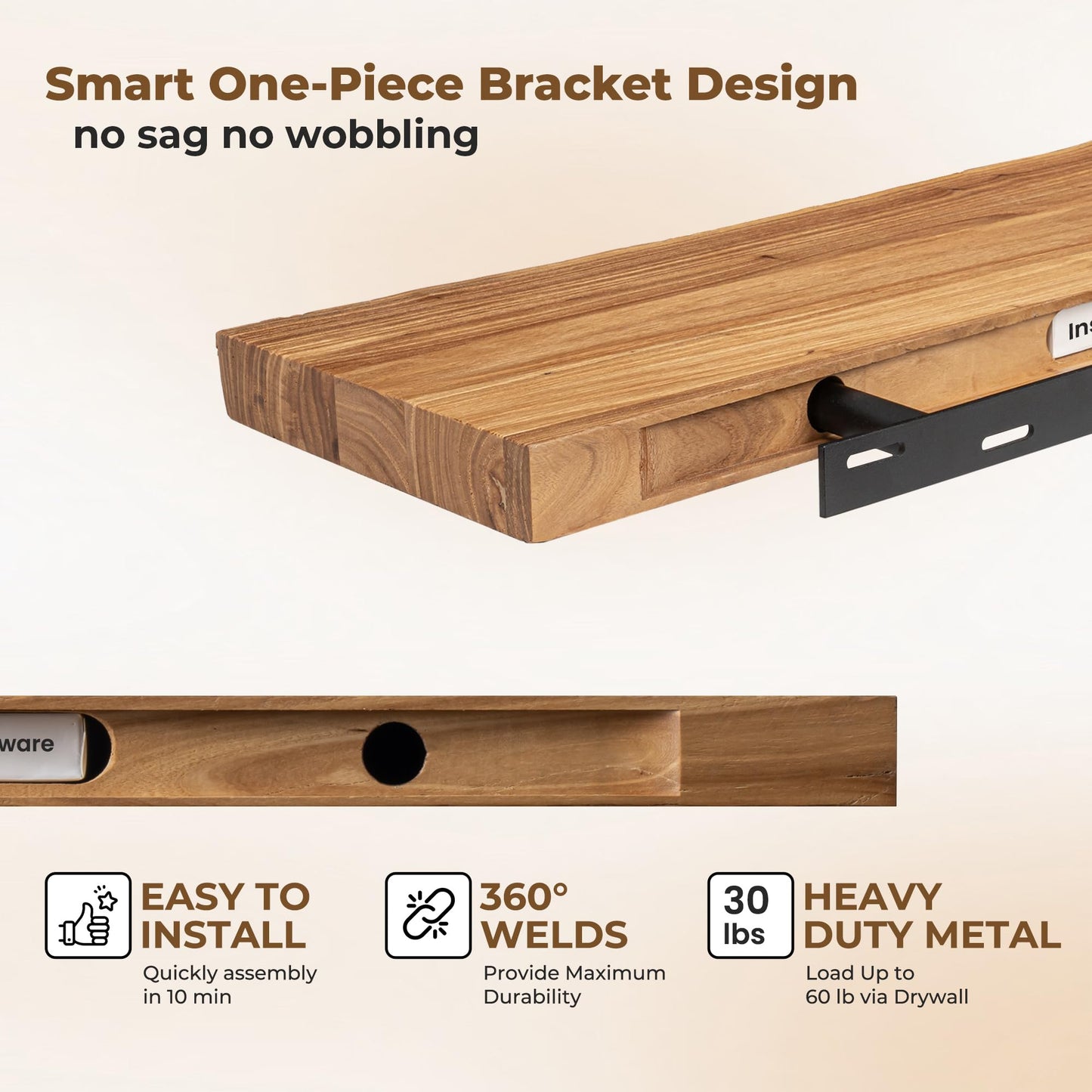 Axeman 72 inch Extra Long Floating Shelves for Wall - 8'' D Live Edge Rustic Solid Elm Wood Floating Shelves Wall Mounted, Wall Shelves with Invisible Bracket for Living Room Bedroom Kitchen, Natural