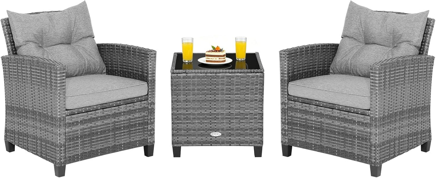 COSTWAY 3-Piece Patio Furniture Set, Outdoor Wicker Rattan Sofa with Cushions, Coffee Table with Tempered Glass, Conversation Sofa Set for Poolside Backyard Balcony (Grey)