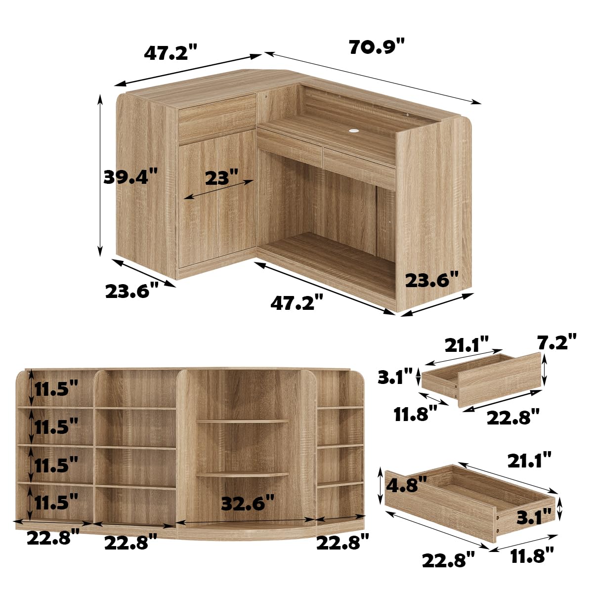 AIEGLE Reception Desk with Counter, 70.9" W Modern Retail Checkout Counter w/Drawers & Open Shelves, L-Shaped Oak Front Desk Reception Table with Storage Cabinet for Salon, Lobby, Office