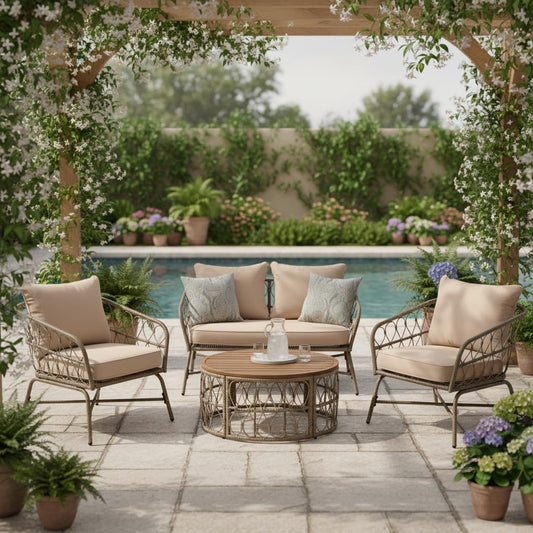 4-Person Outdoor Wicker Sofa Set, Boho-Inspired Patio Conversation Furniture with Oval Acacia Wood Tabletop, Removable Cushions and Pillows, Adjustable Feet, Beige, Perfect for Garden, Backyard, Deck