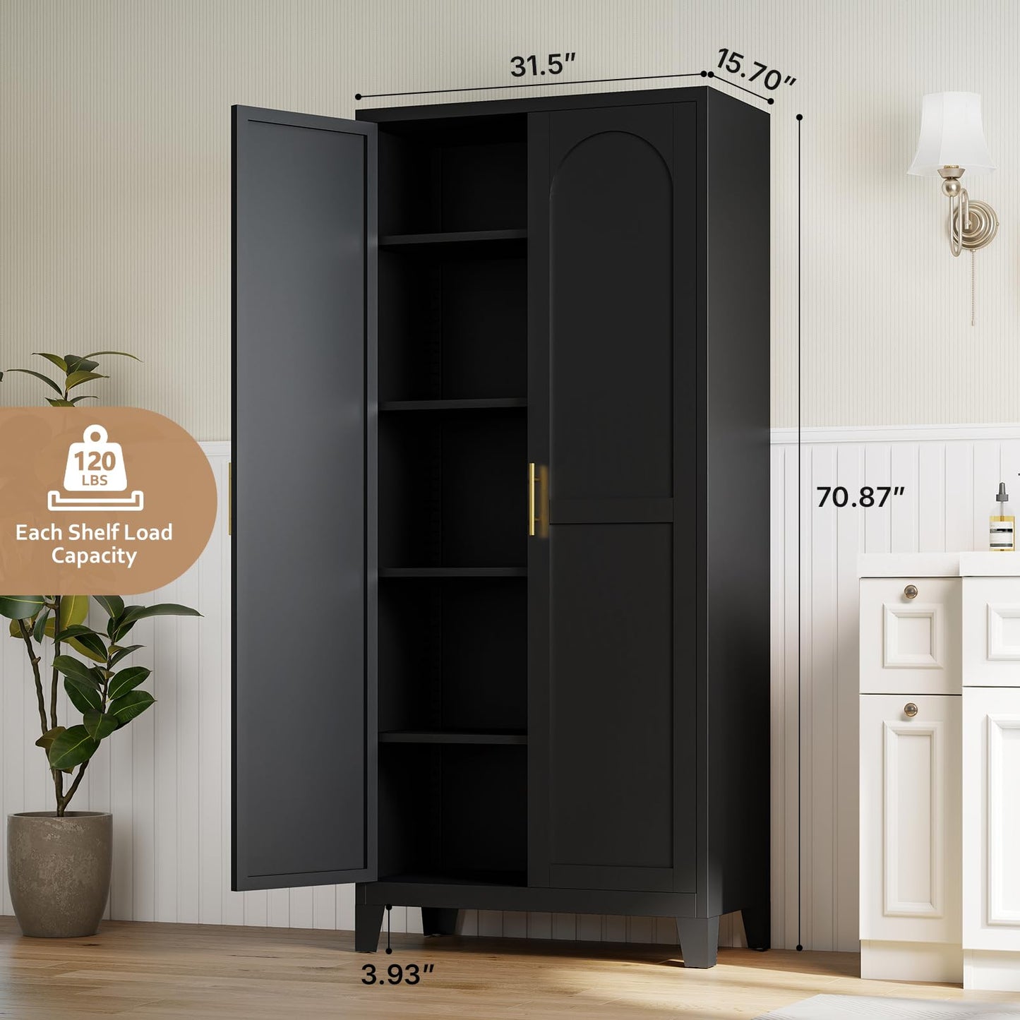 Zevemomo 70.87" H Metal Kitchen Pantry Cabinet, Freestanding Cupboard with 2 Doors and 4 Adjustable Shelves, Tall Metal Storage Cabinet for Kitchen, Bathroom, Dinning Room or Laundry Room （Black）