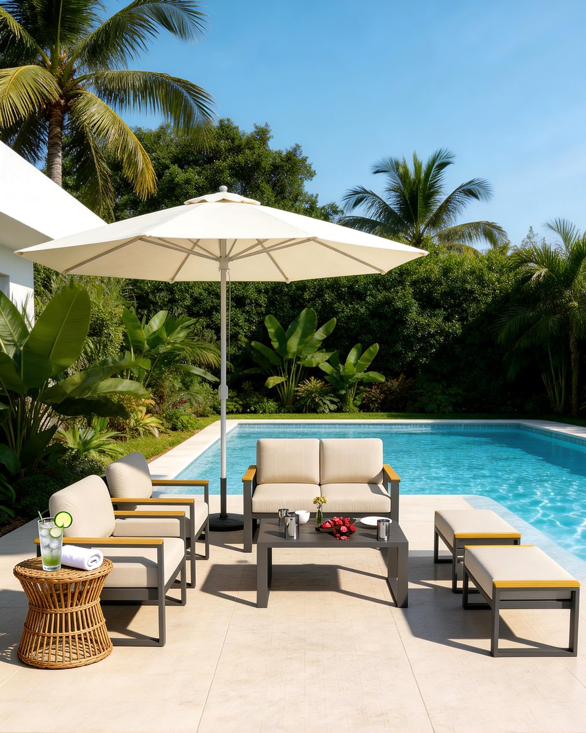 Aluminum Outdoor Patio Furniture - 1 Pcs Loveseat and Coffee Table, All-Weather Metal Modern Outside Furniture with Washable Thick Cushion for Balcony, Garden, Deck, Backyard, Beige